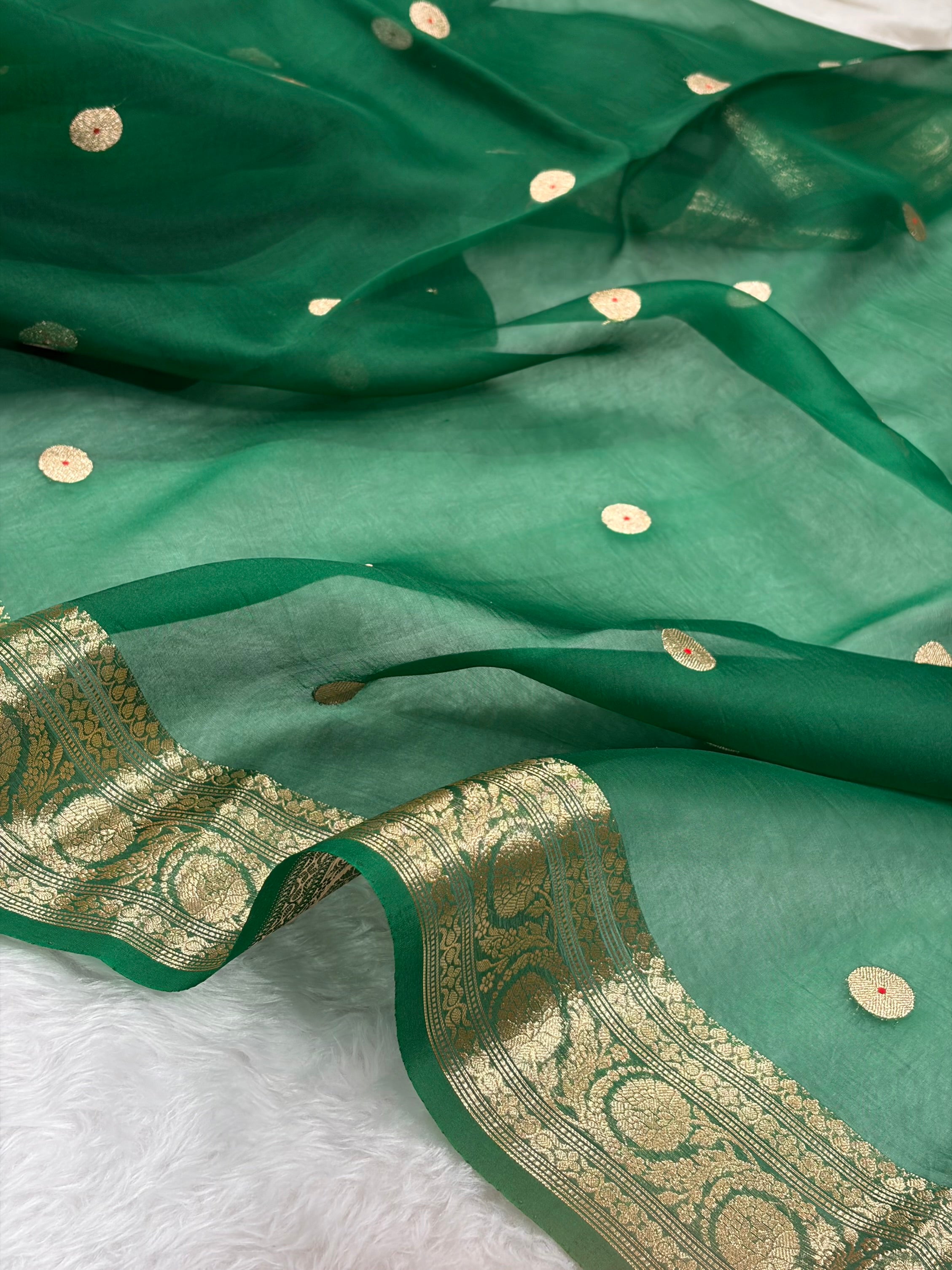 Pure Banarasi Organza Bottle Green Shades With Minakari Floral Banarasi Silk Saree PO-28