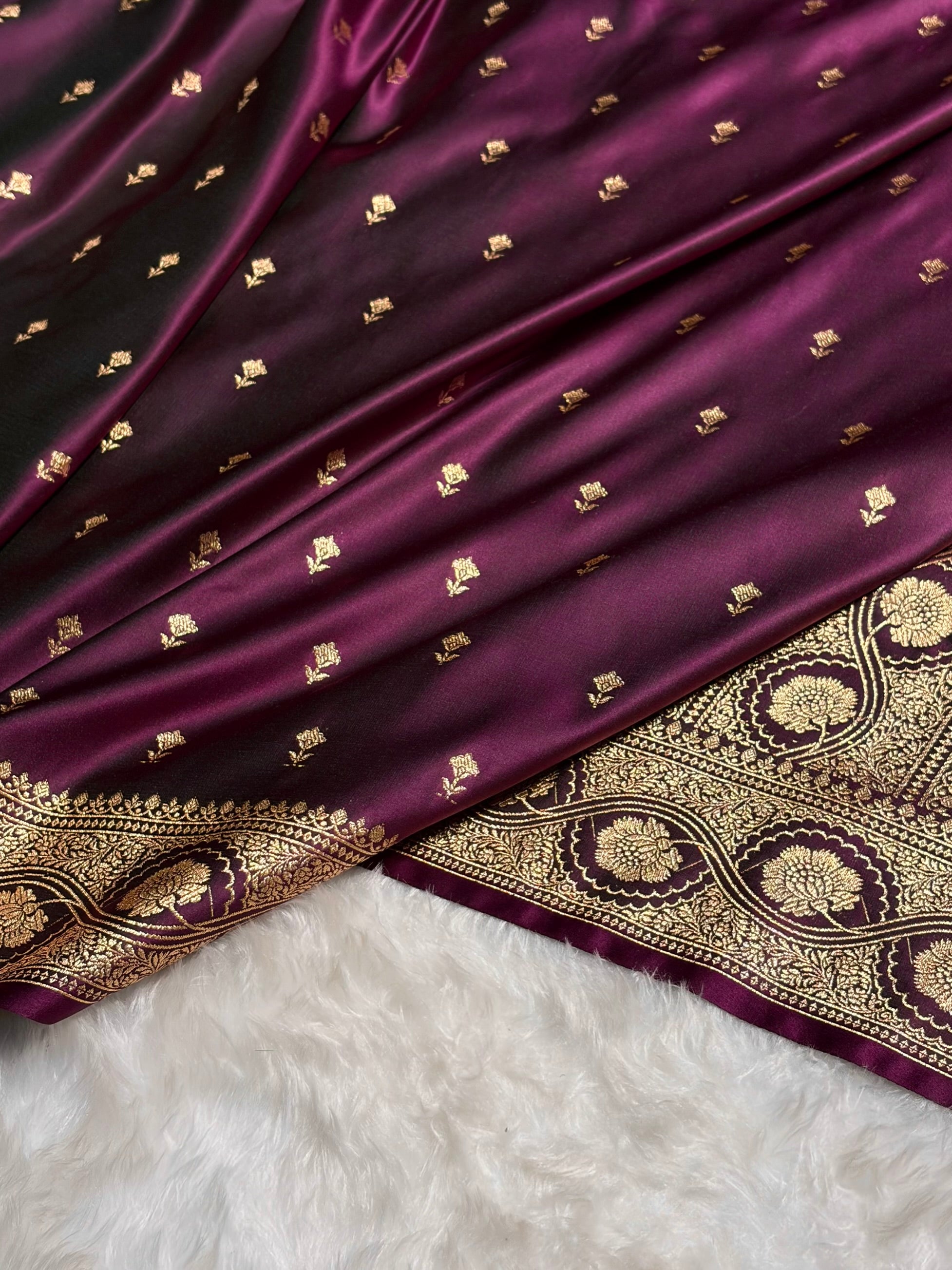 Wine Booti Pattern Satin Katan Silk Saree SK54