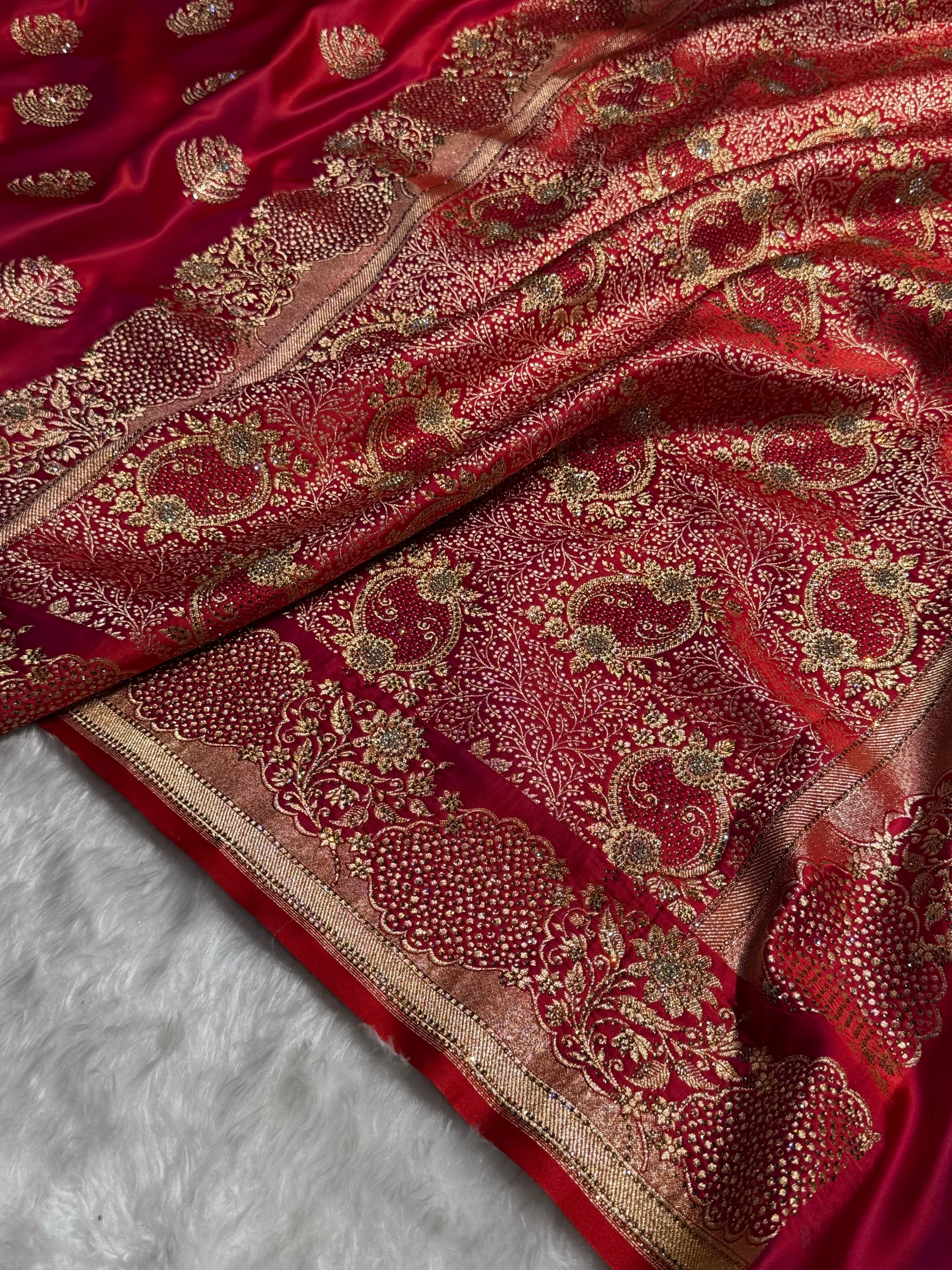 Banarasi Reddish Magenta Unique Boota Pattern With Swarovski Stone Work Satin Katan Silk Saree BSK70