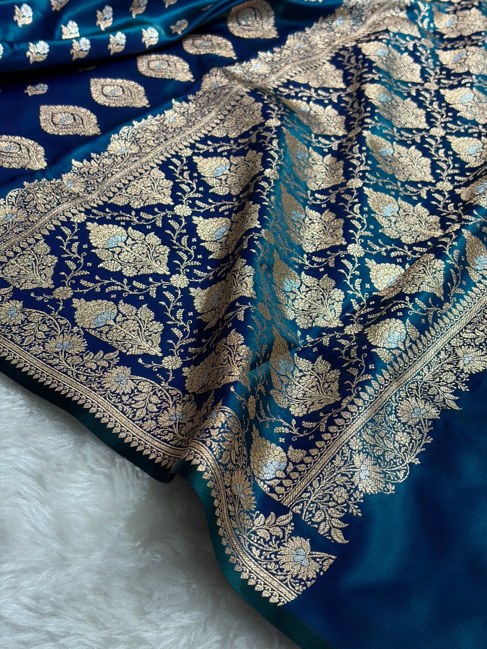 Banarasi Satin Silk Meena Boota in Peacock Shades SS38