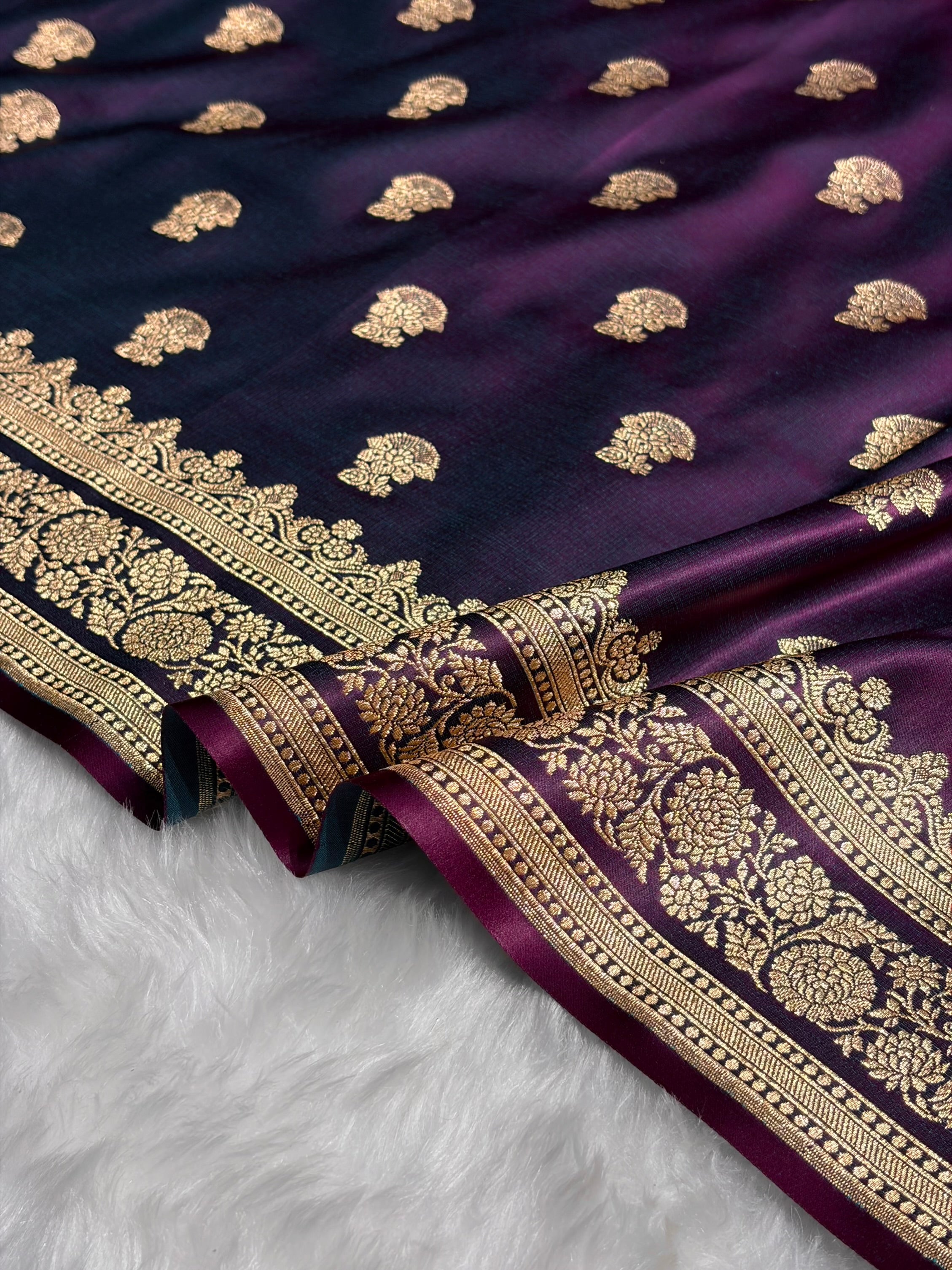 Wine Booti Pattern Satin Katan Silk Saree SK49