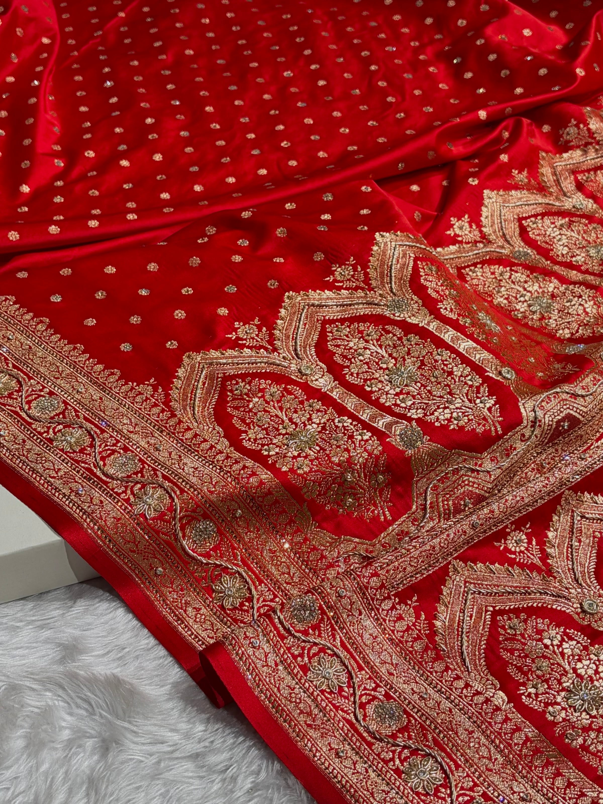 Banarasi Red Katan Silk Saree With Ari Zardozi and Swarovski stone work BSK01