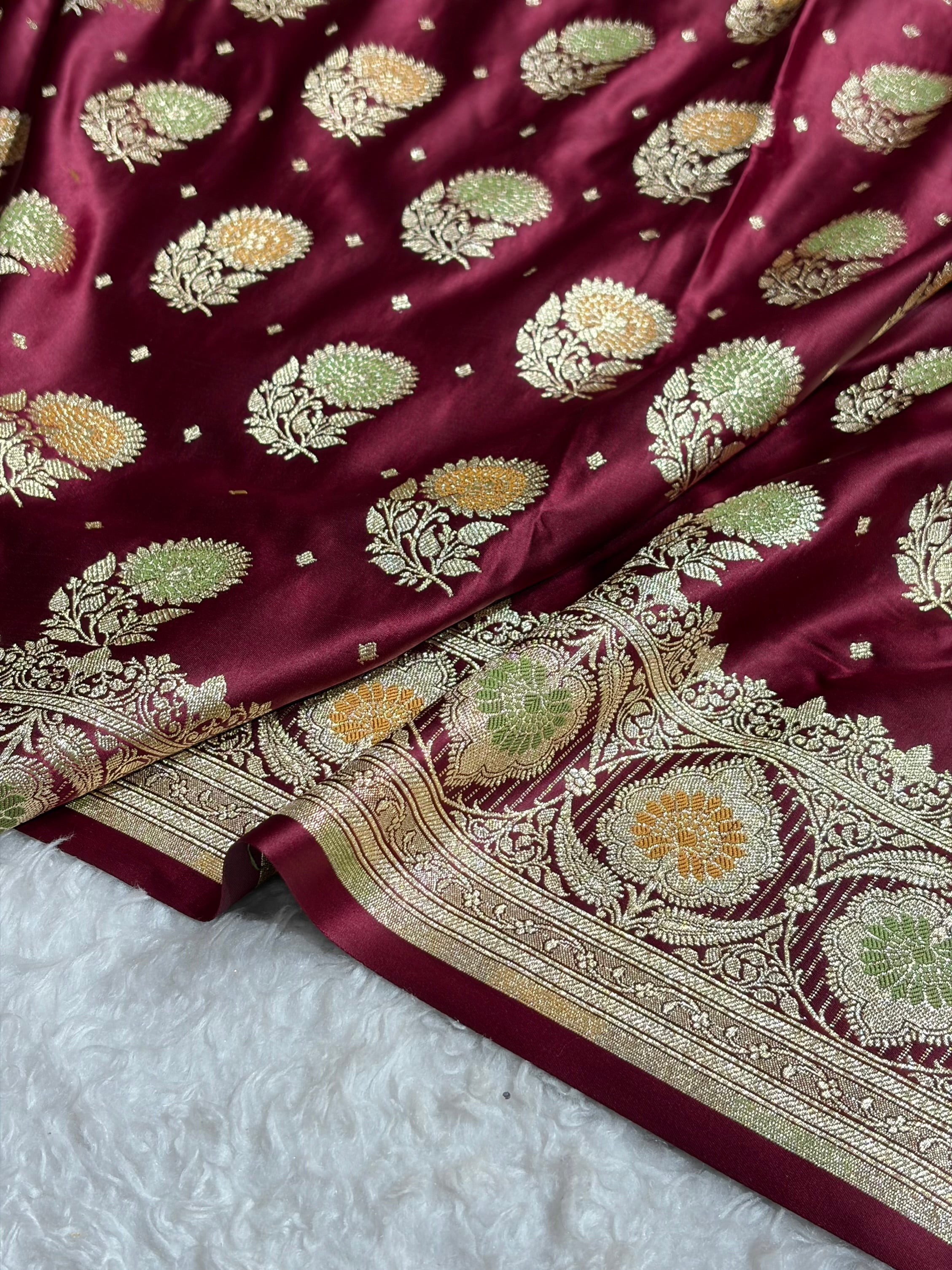 Garnet Banarasi Minakari Booti Satin Katan Silk saree