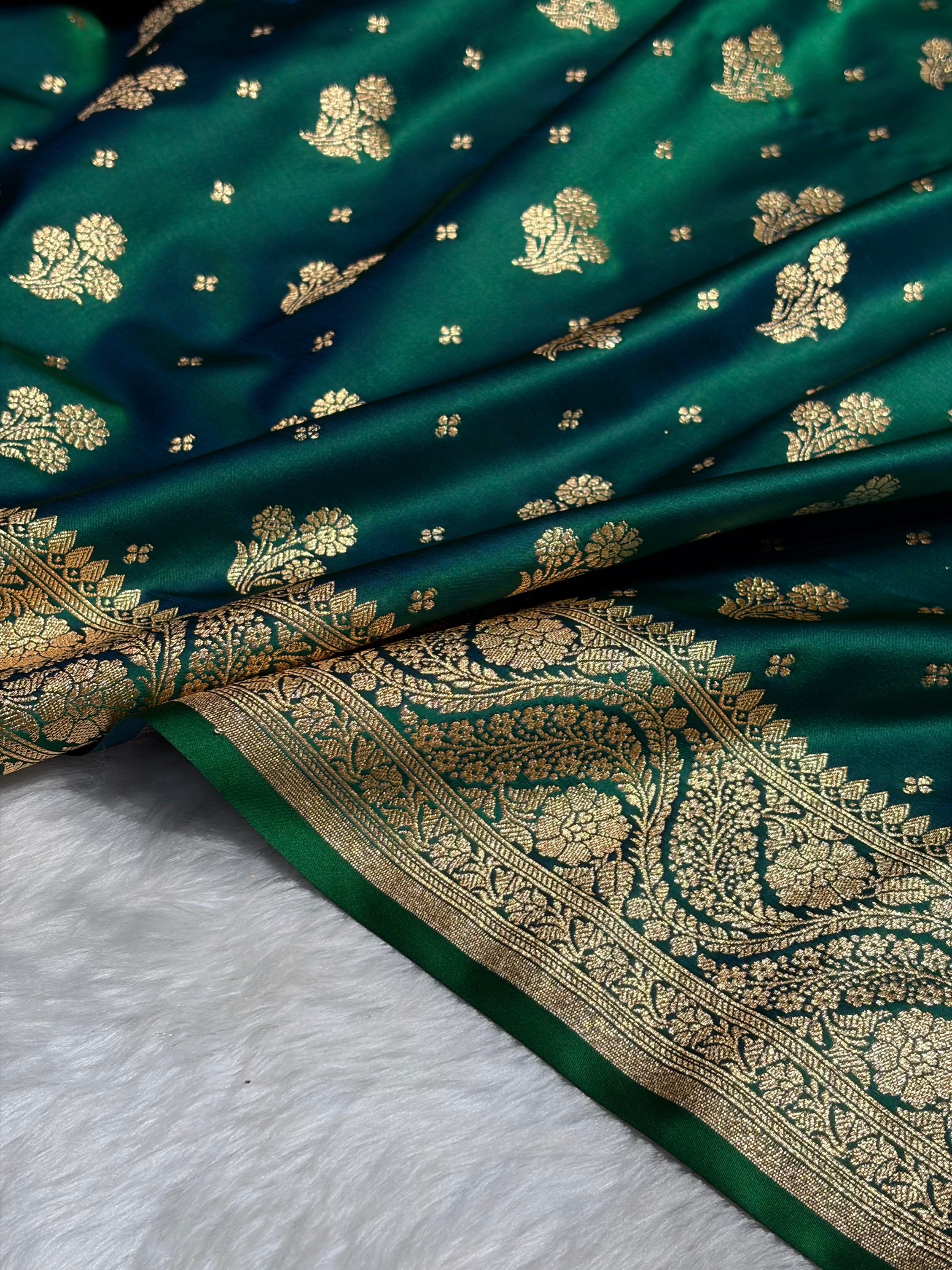 Cross Green Floral Unique Boota Pattern Satin Katan Silk Saree SK73