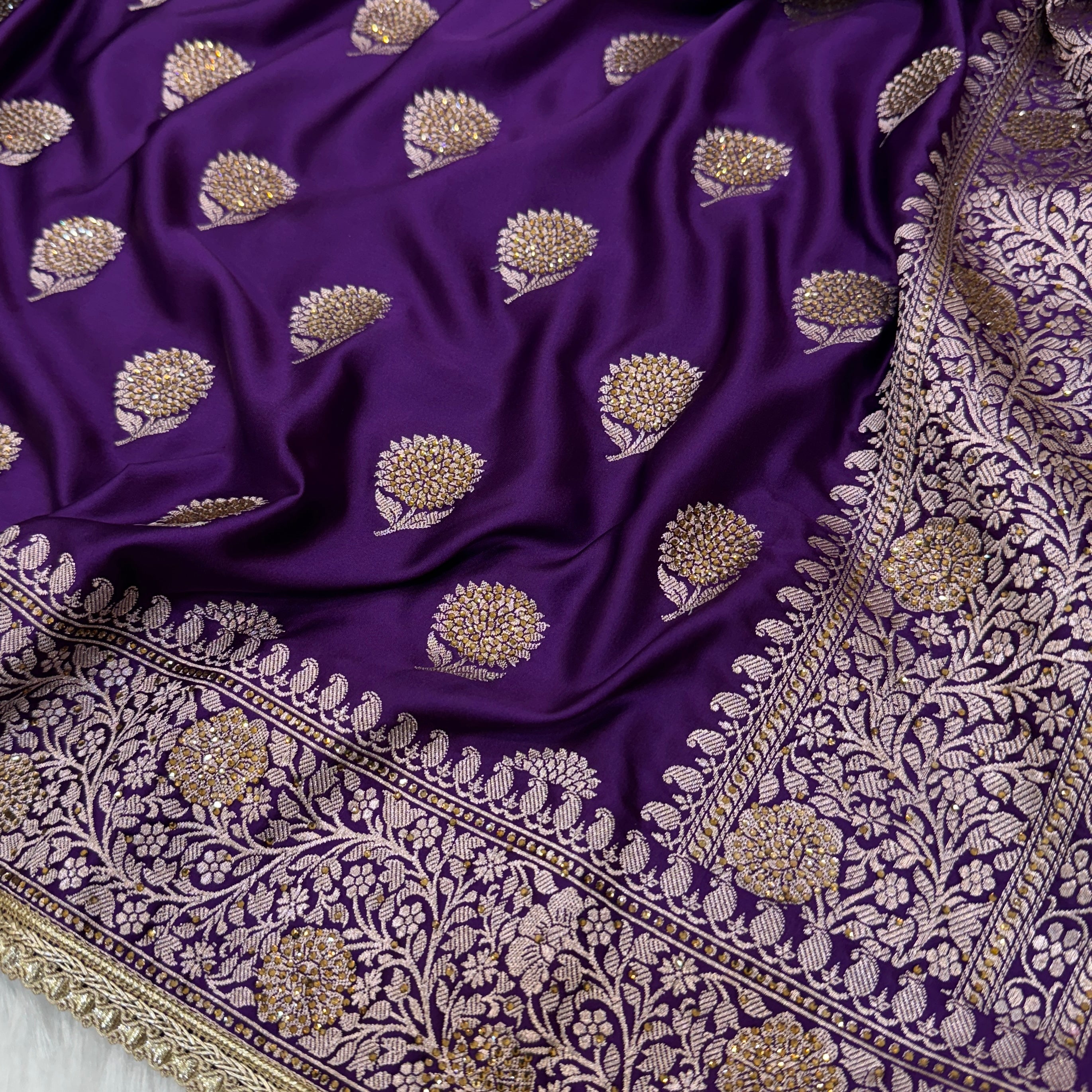 Purple Tree Boota Mashru Satin Silk with Swarovski Work Banarasi Saree