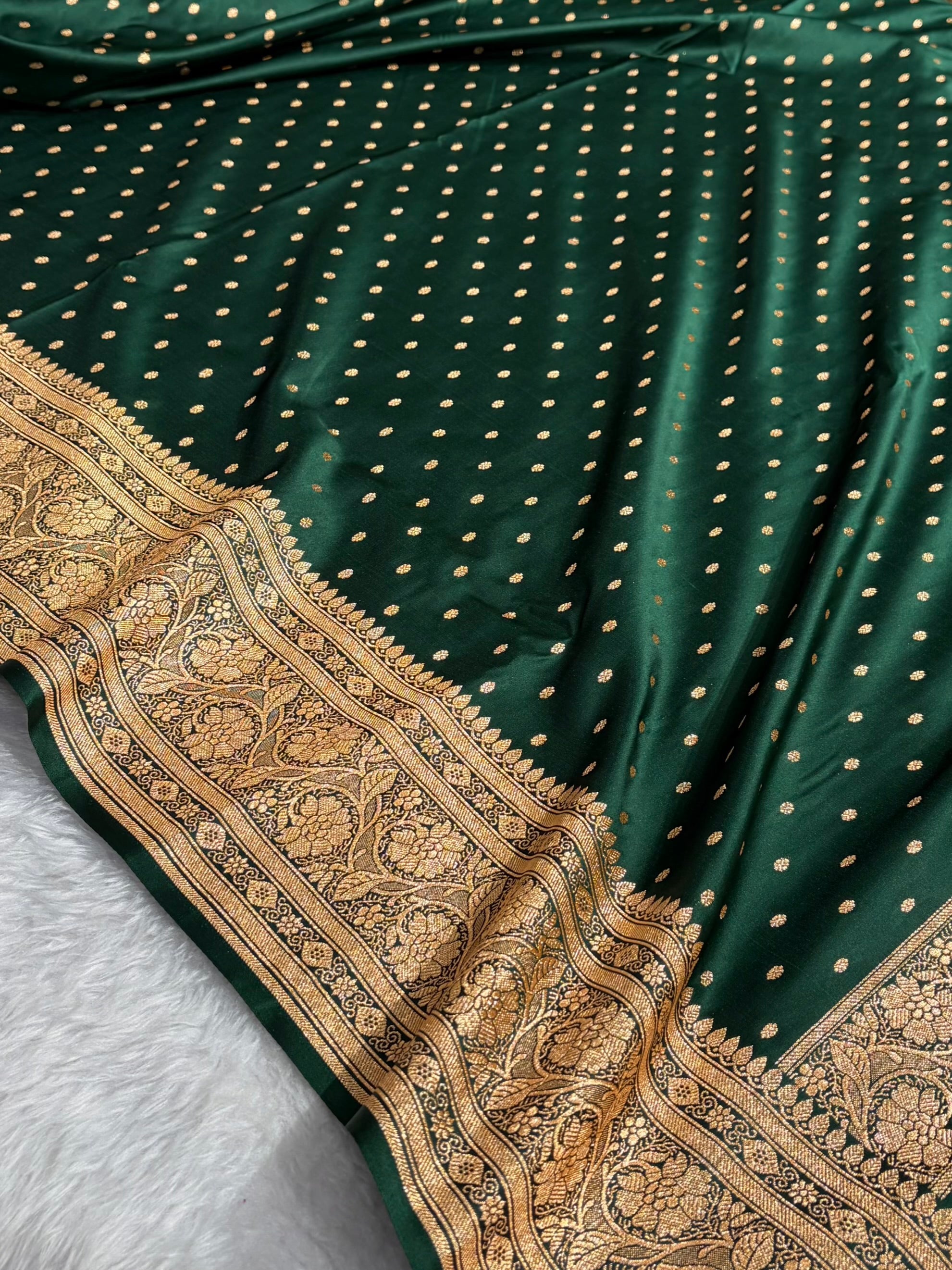 Banarasi Satin Katan Saree With Boota in Bottle Green Shades SK106