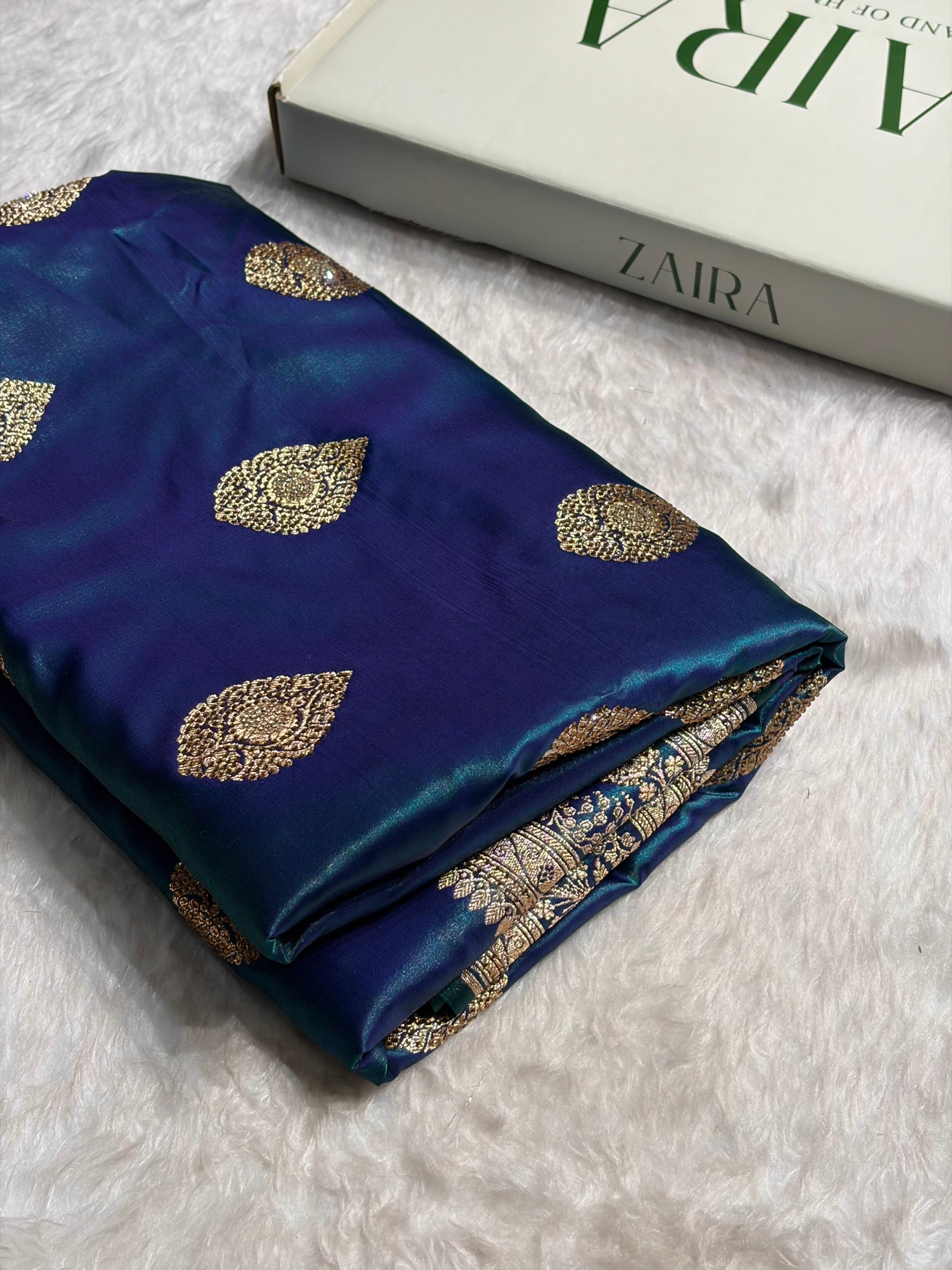 Peacock Shades Banarsi Satin Silk Boota with Stone Work