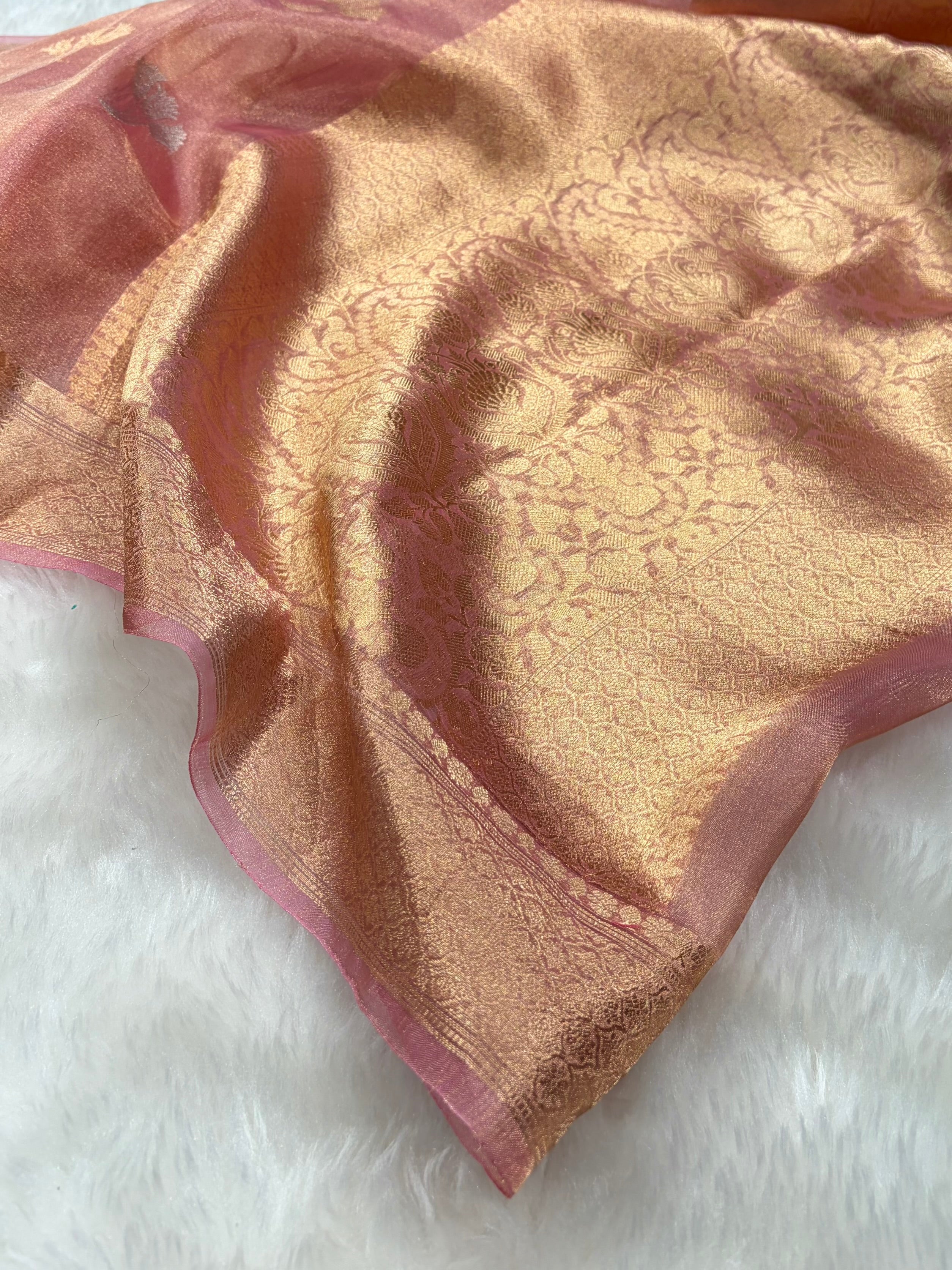 Light Peach Bananasi Floral Shades Pure Tissue Silk Saree PT-53