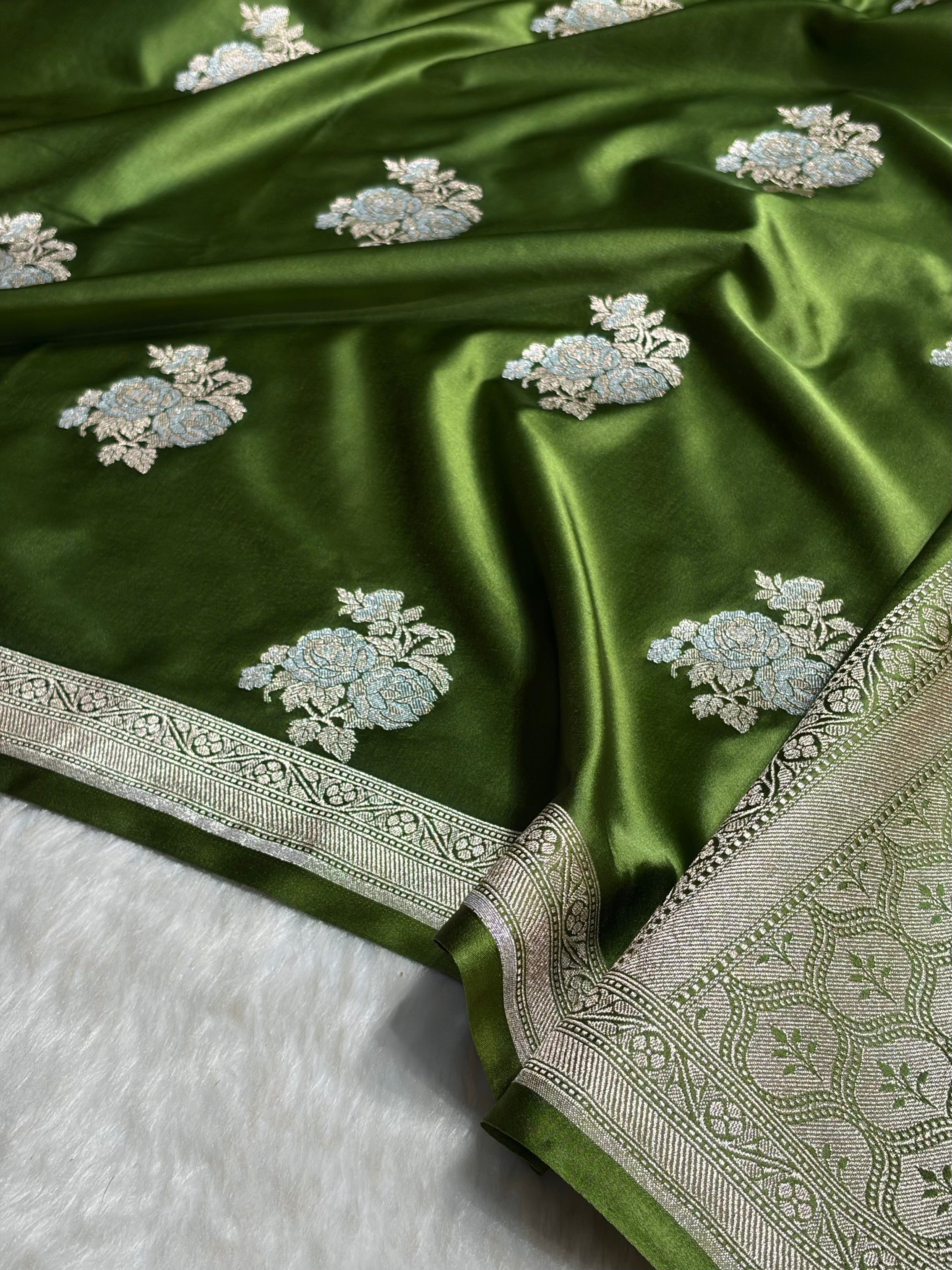 Mehendi Green Sona Rupa Floral Motif Mashru Silk Saree MS50