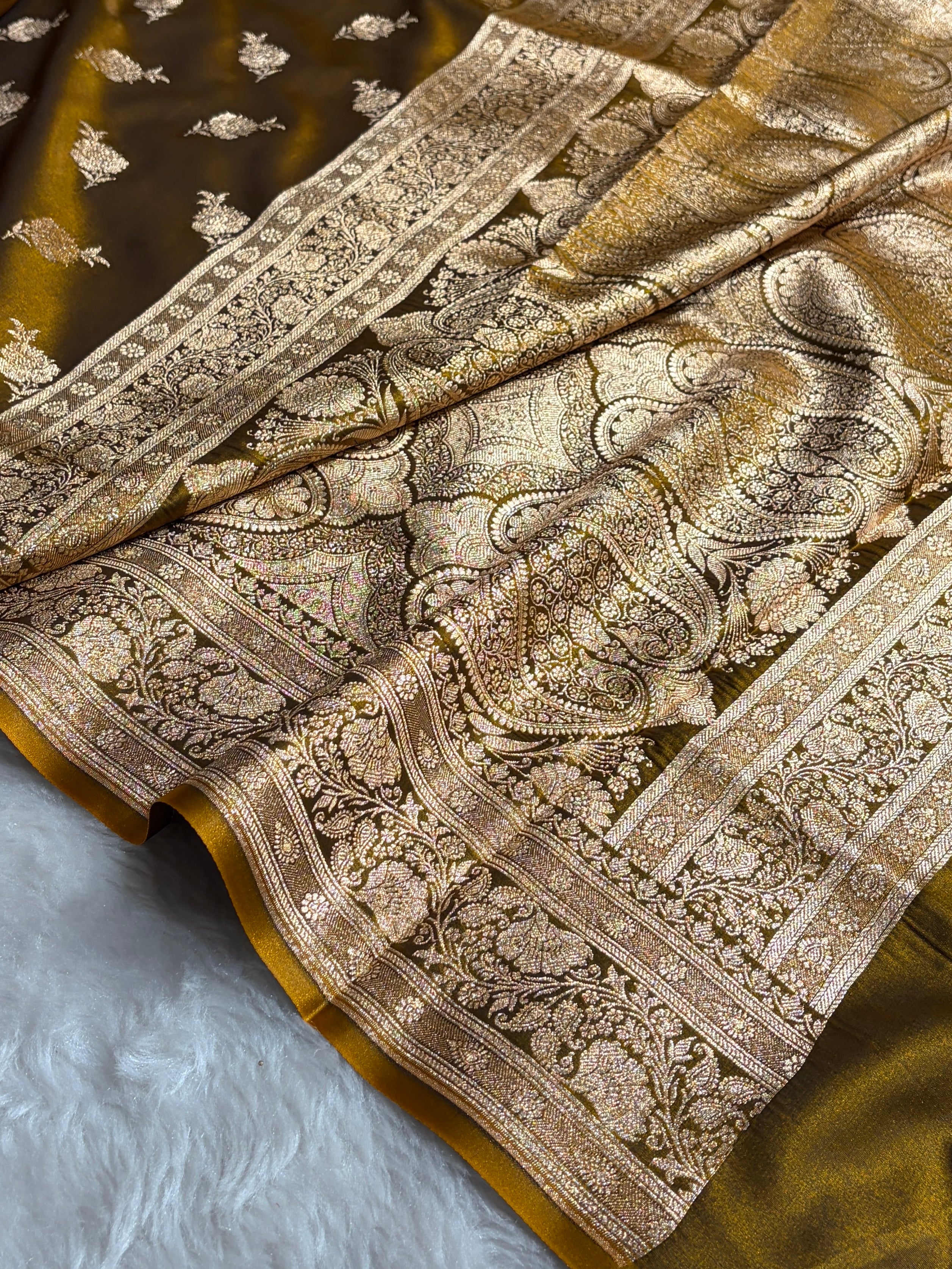 Satin Silk Saree Floral Boota in Mehendi Shades SS26