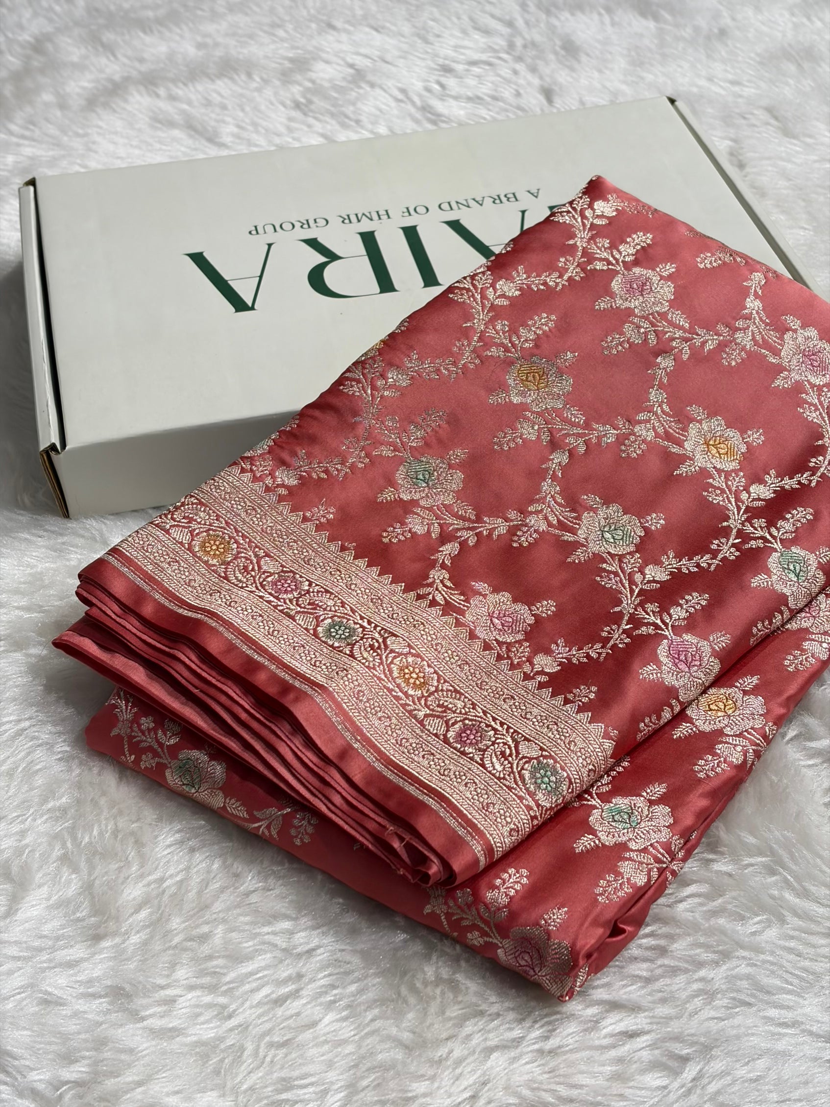 Peach Shades Banarasi Minakari Floral Jaal Mashru Silk Saree MS28