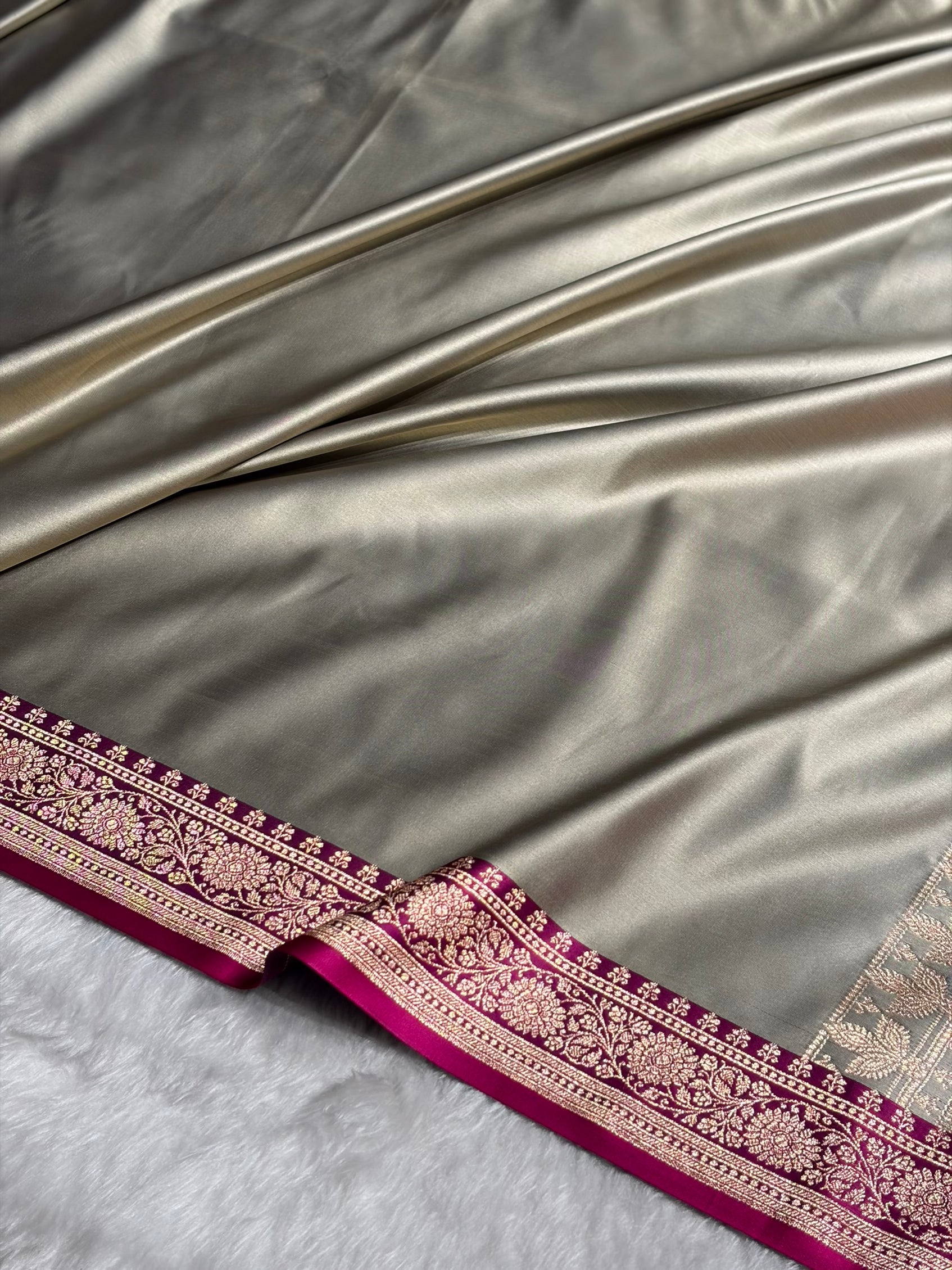 Banarasi Satin Katan Saree in Contrast Metallic Grey / Rani Shades SK131