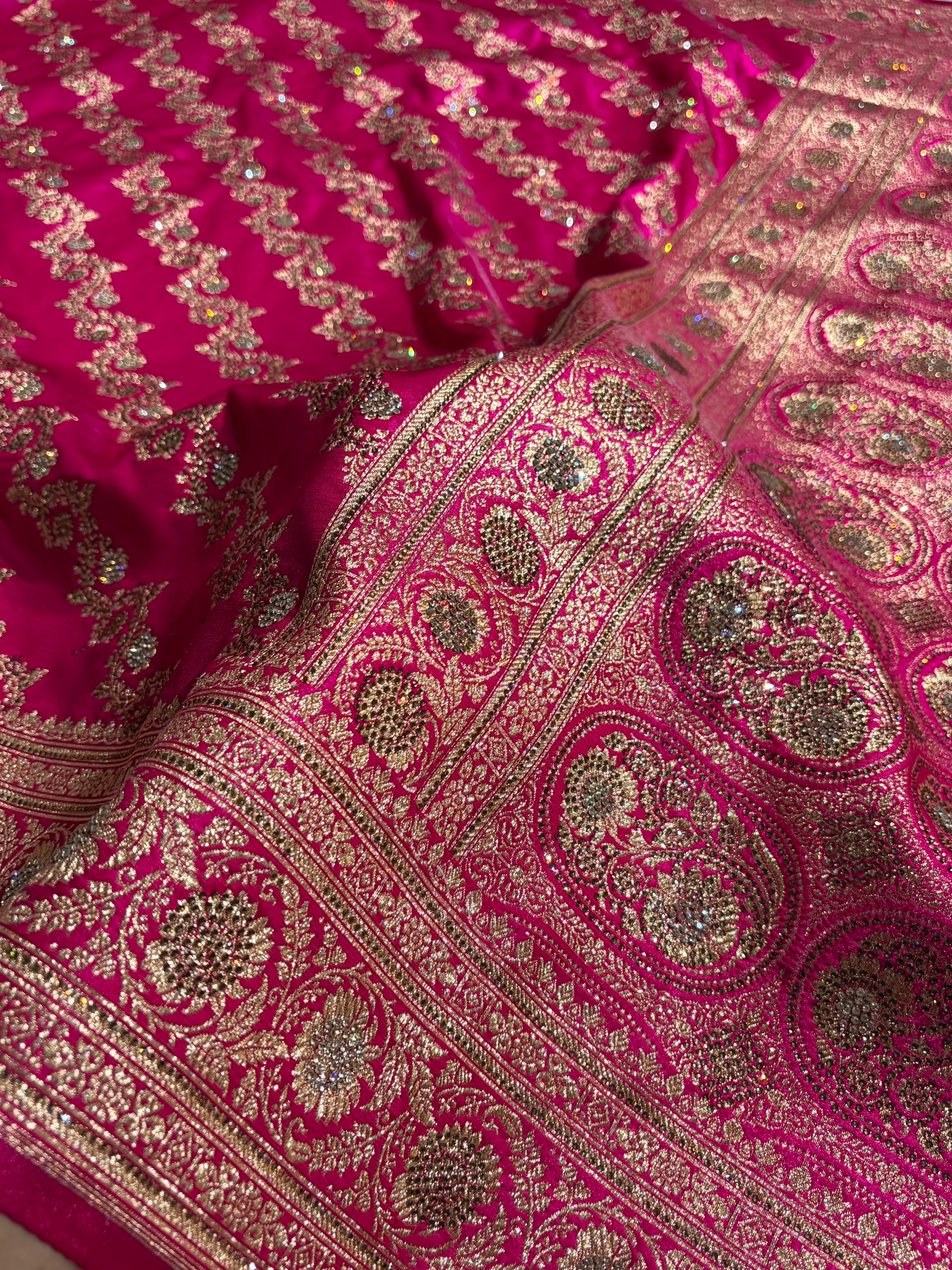 Banarasi Bridal Pink Shades With Swarovski Stone and White Stone Work Satin Silk Saree BSS32