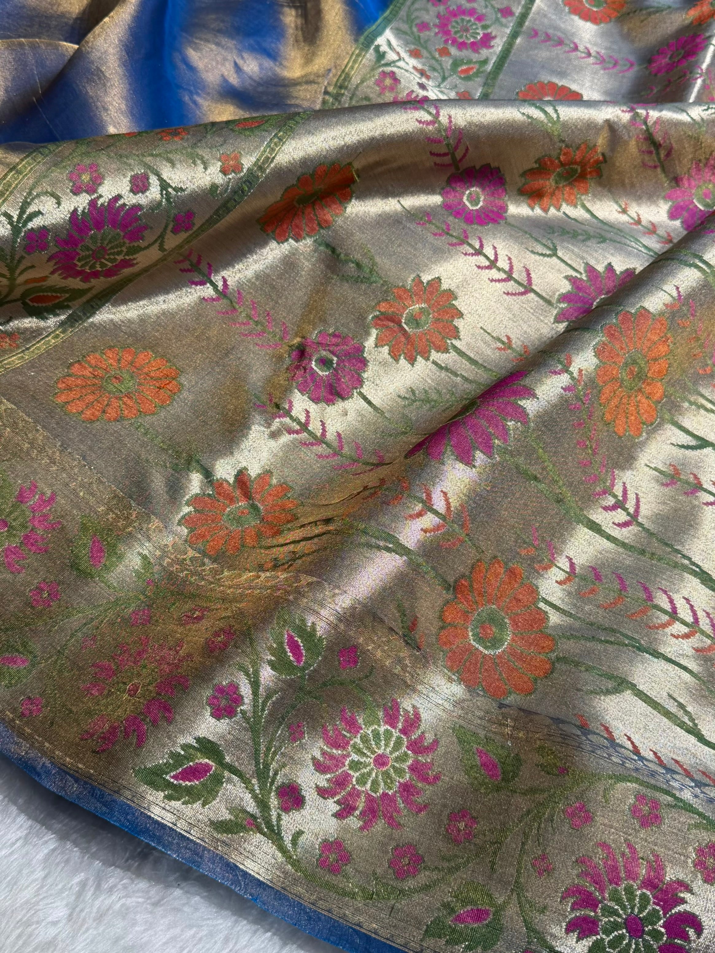 Banarasi Goldish Purple Shades With Minakari Border Pure Tissue Silk Saree PT-59