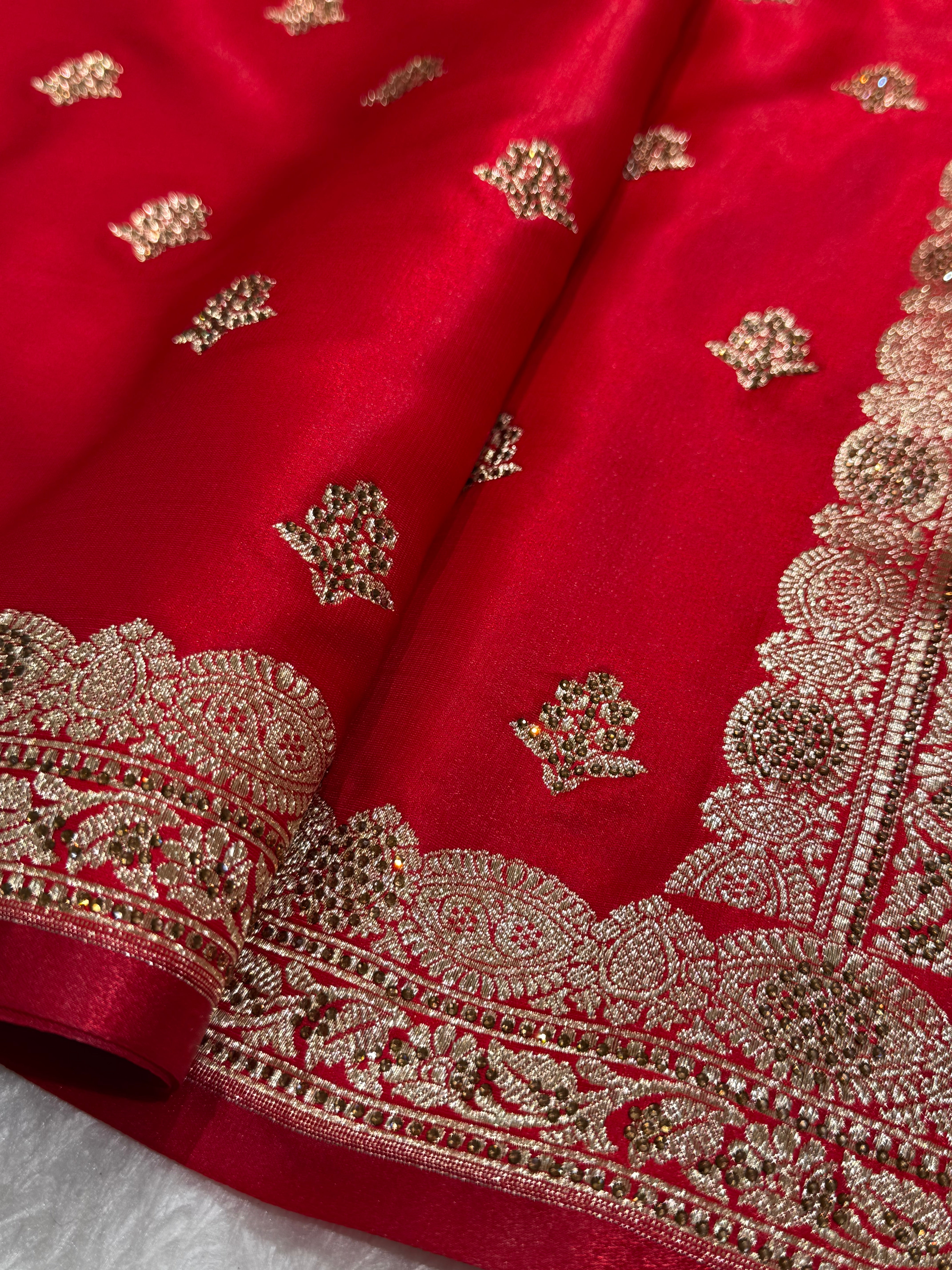 Red Boota Wih Swarovski Work With brocade blouse