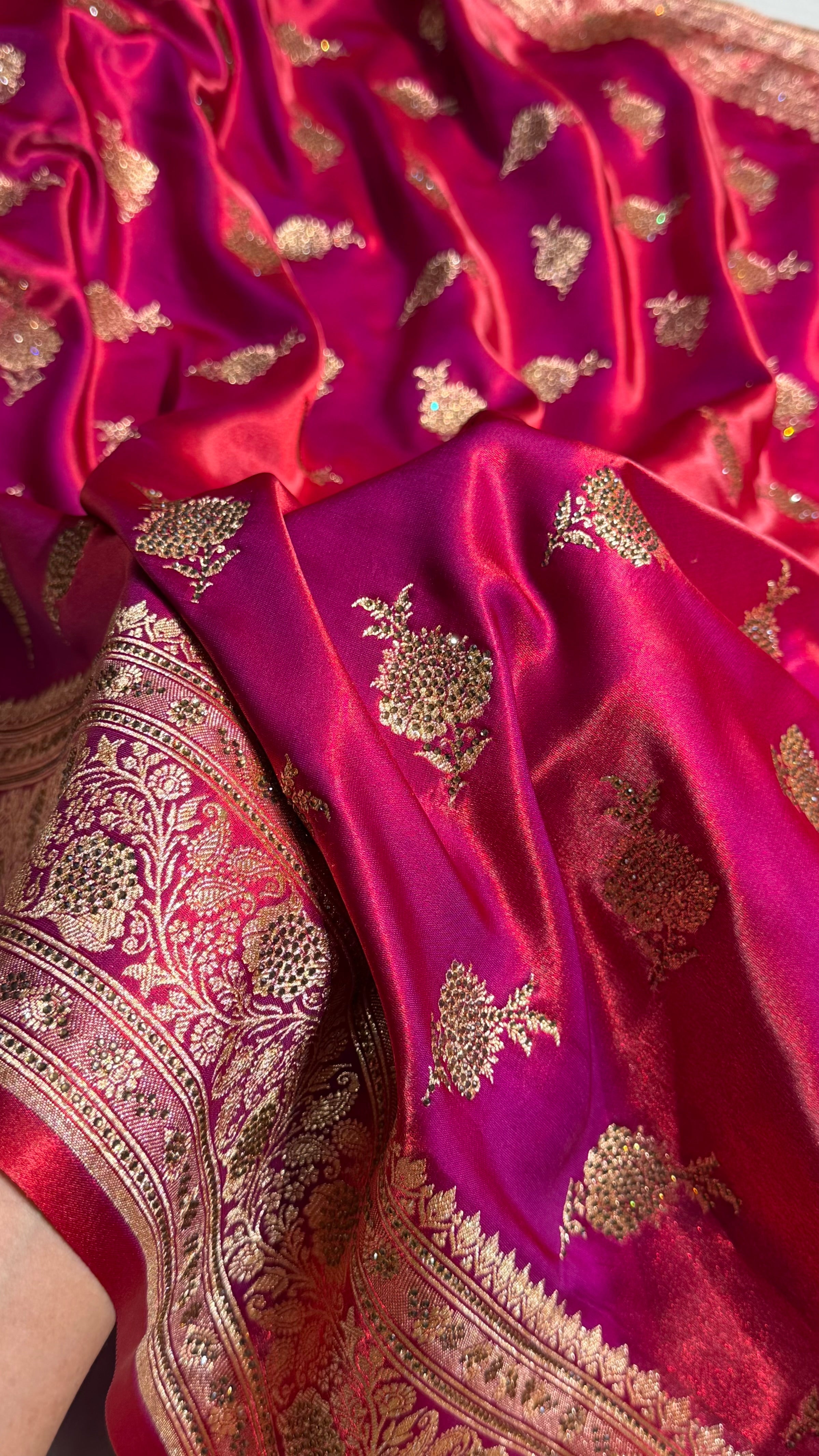 Satin Silk Saree Swarovski Work Floral Boota in Reddish Magenta Shades BSS26