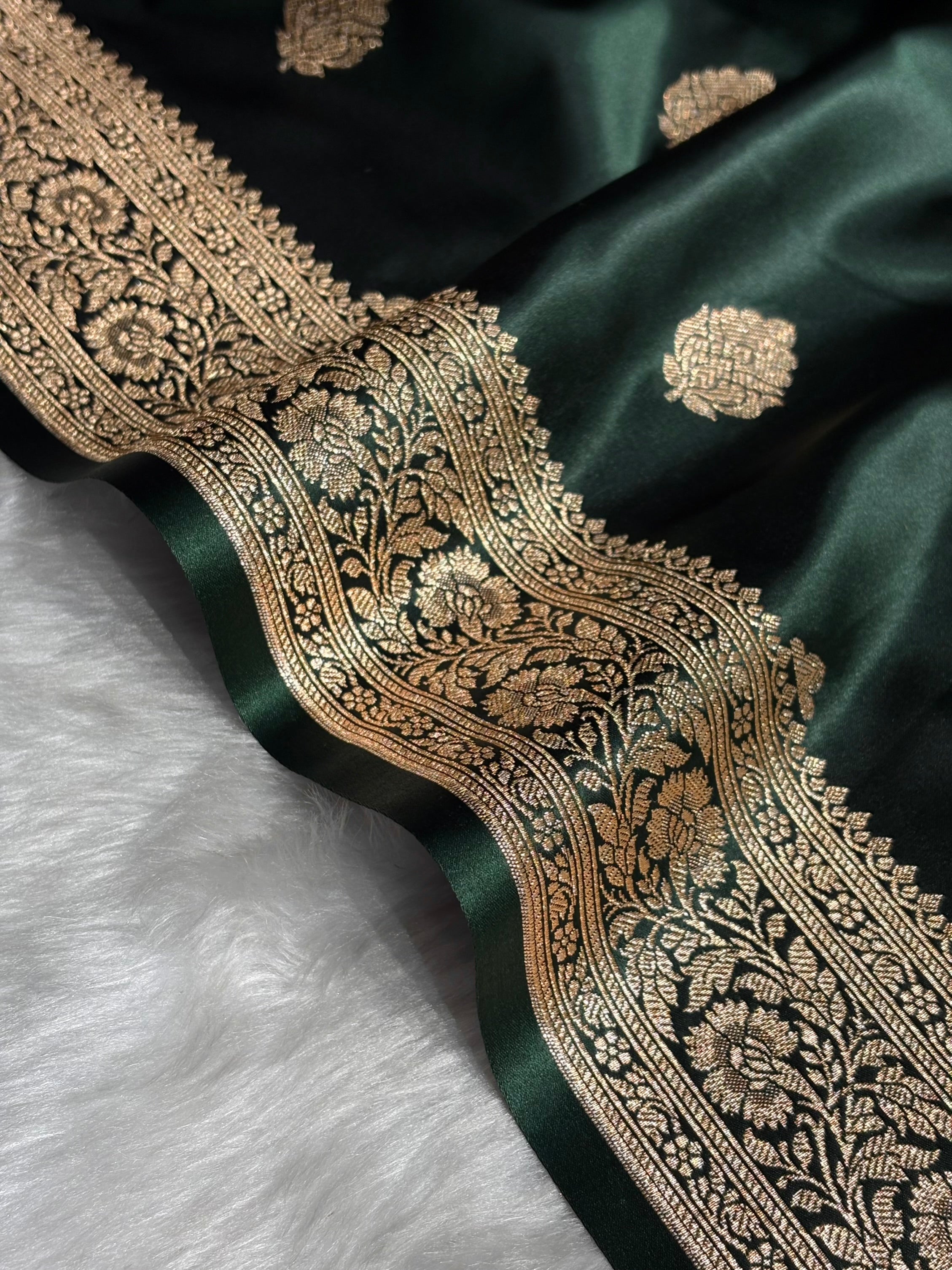 Dark Bottle Green Booti Pattern Satin Katan Silk Saree SK65