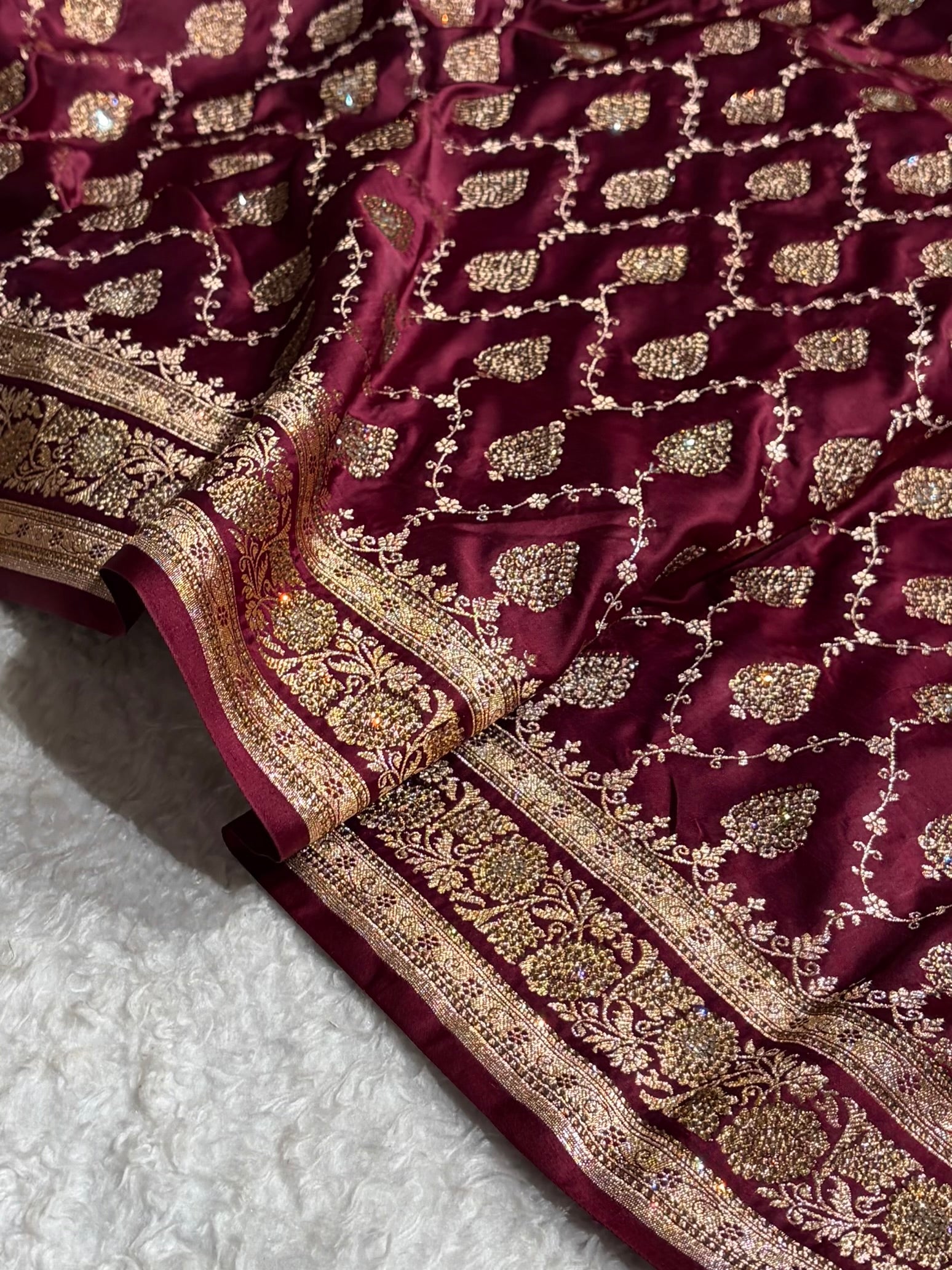 Garnet Floral Jaal Pattern with Sewarovsi Work Satin Katan Silk saree BSK42