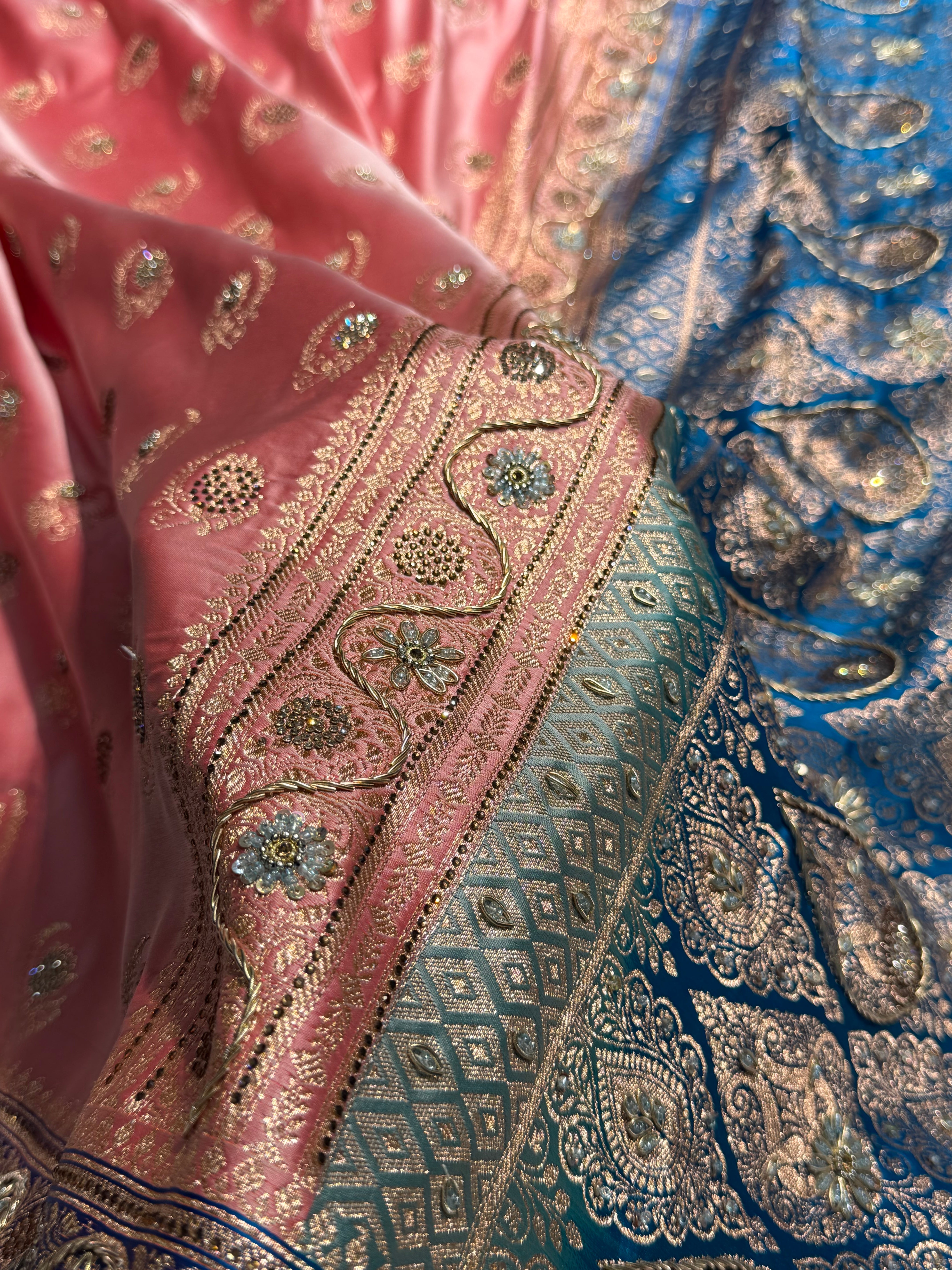Light Pink with Blue Contrast Floral Boota With Swarovski & Zardozi Work Satin Katan Silk saree BSK27
