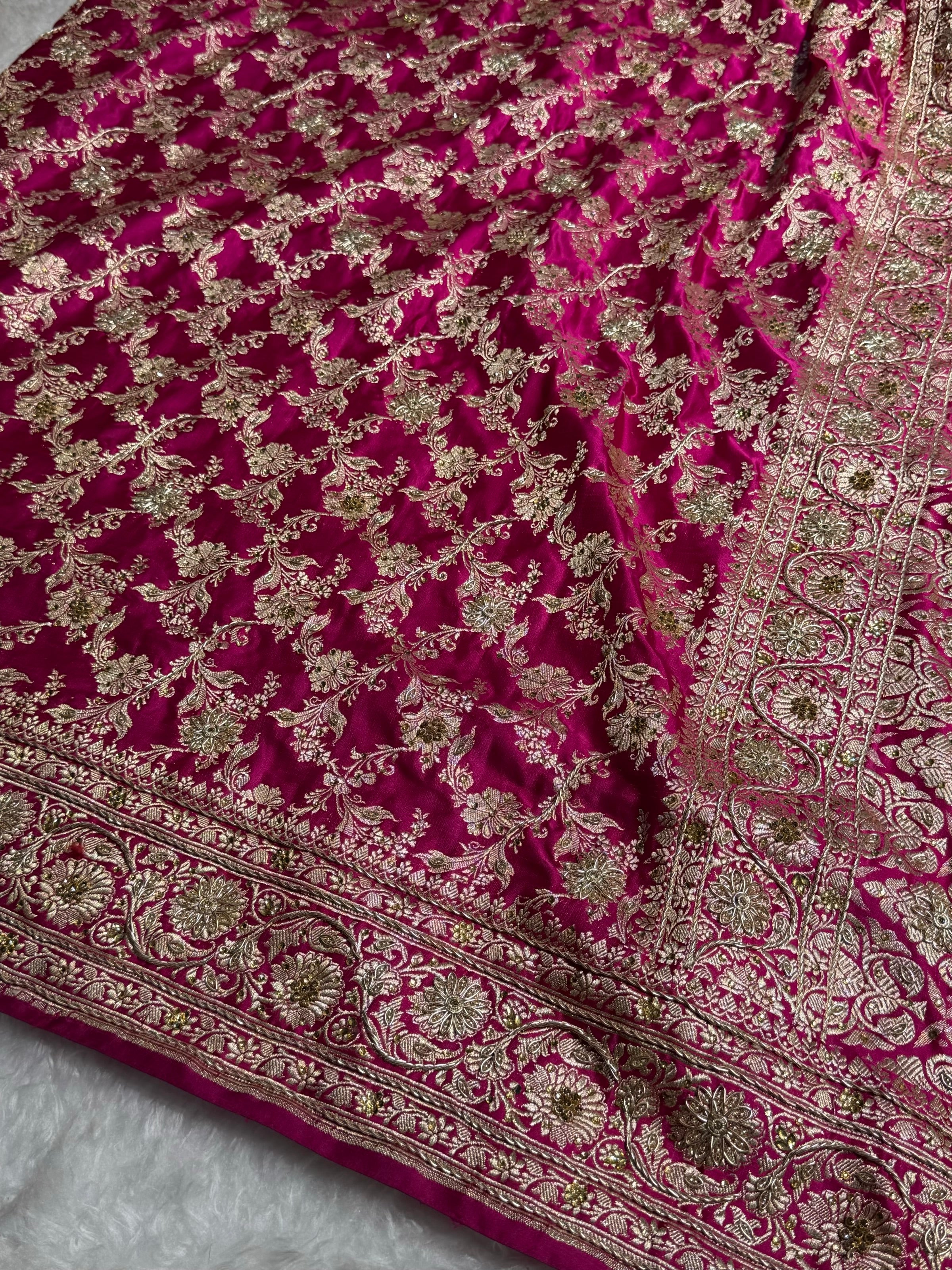 Pure Handloom Bridal Rani Katan Silk Banarasi Saree with Zardozy, Ari and Stone work PBSK01