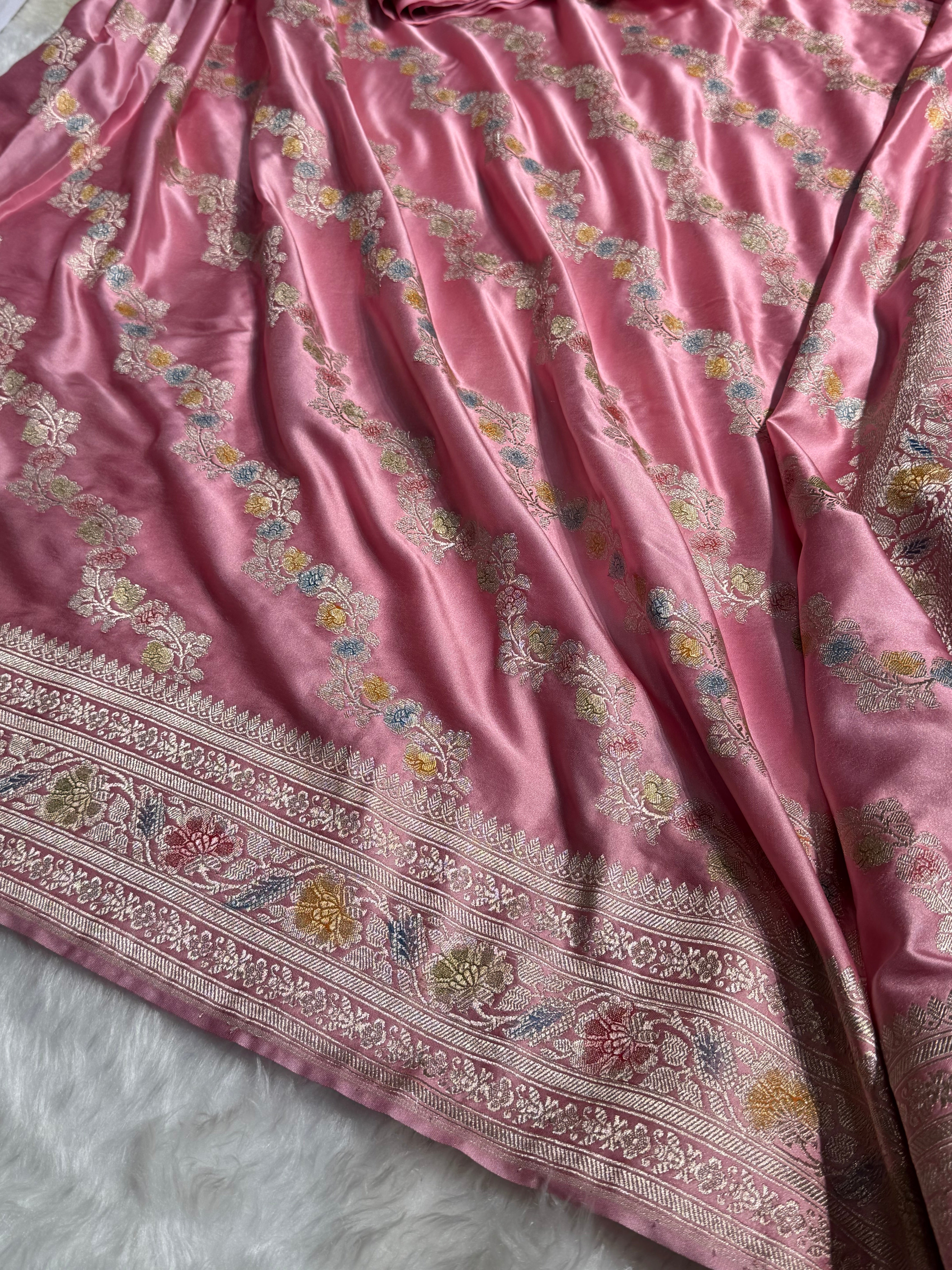 Blush Pink Banarasi Minakari Mashru Silk Saree With Cross Pattern MS02