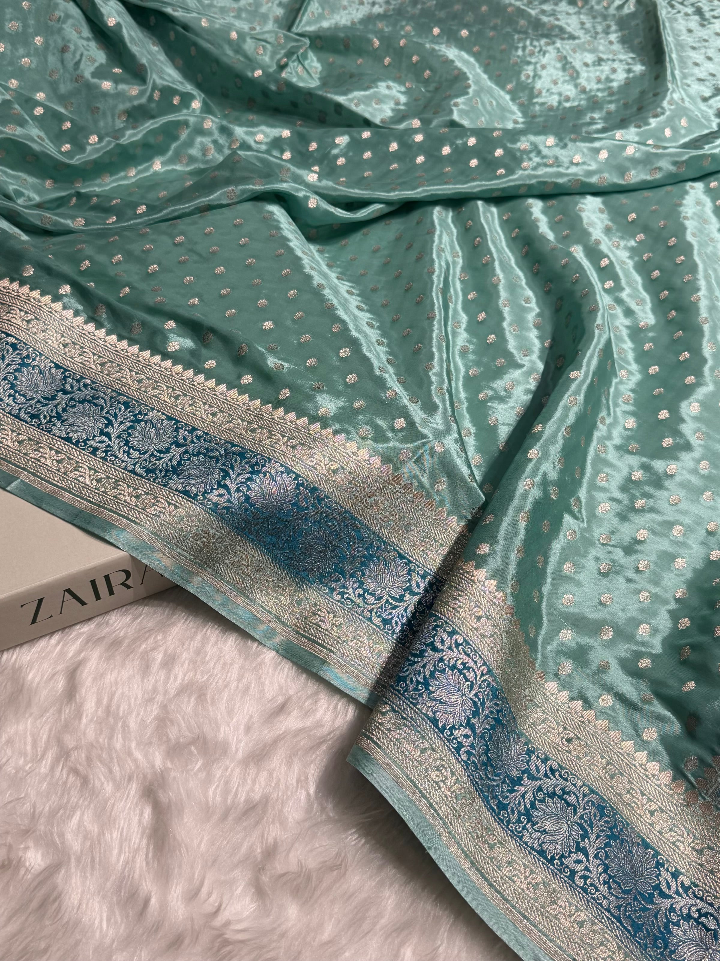 Banarasi Sea Green Shades With Contrast Border Crepe Silky Katan Banarasi Saree CSK-02
