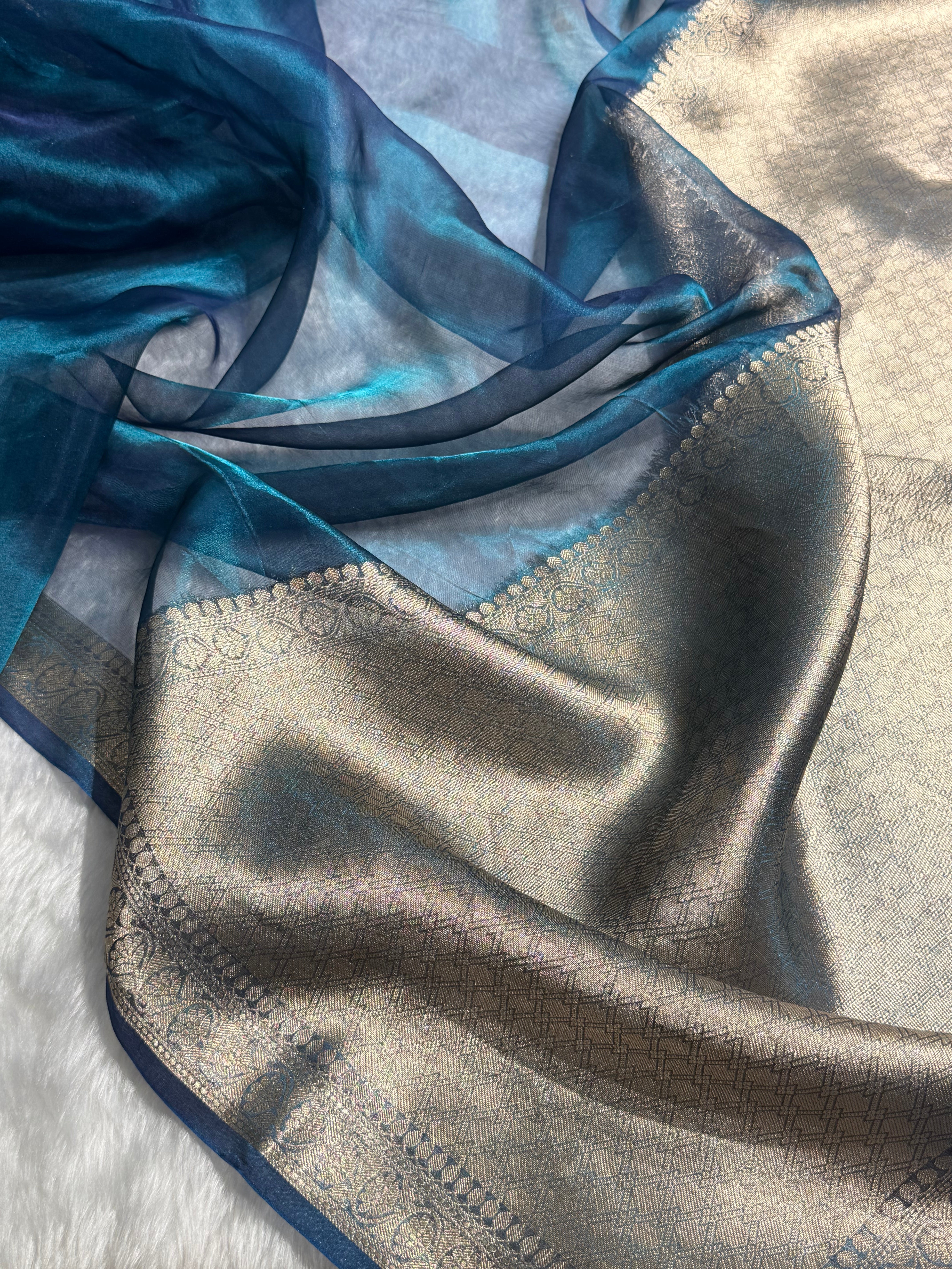 German Blue Tissue Silk Saree with Brocade Blouse PT-09