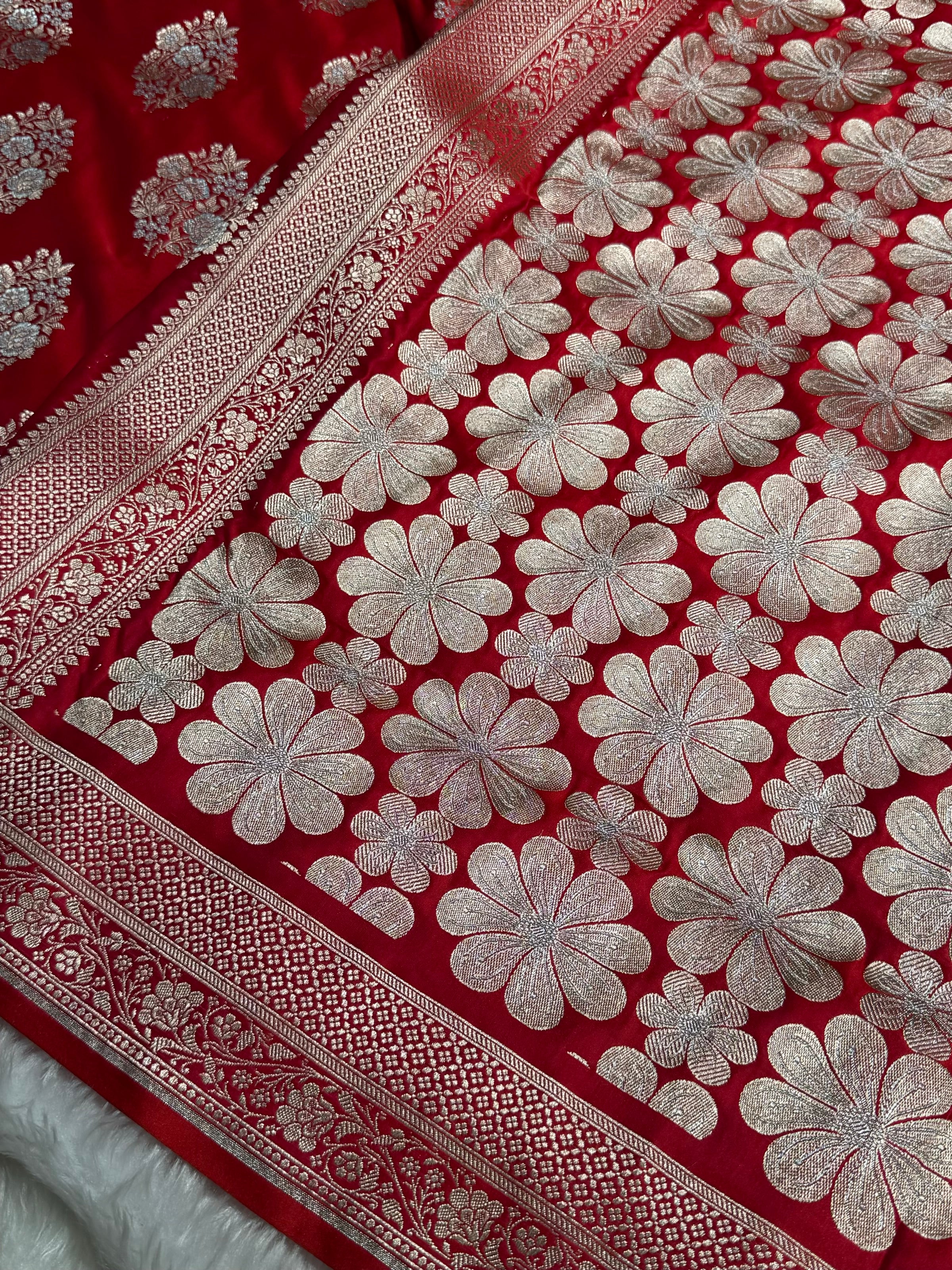 Premium Banarasi Satin Katan Saree With Minakari Boota in Red Shades SK93