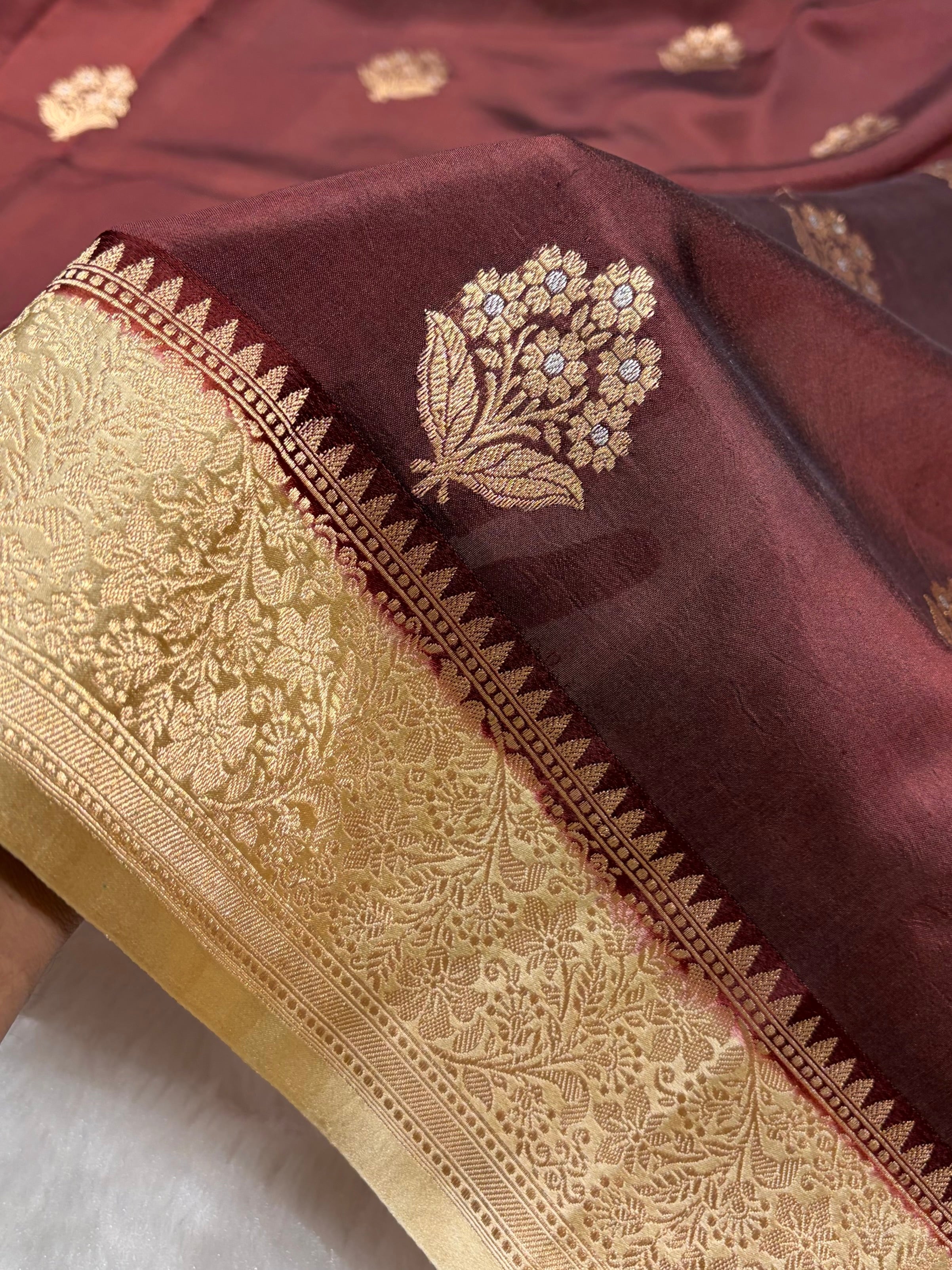 Banarasi Chocolate With Tusser Contrast Shades Meenakari Boots Handwoven Pure Paper Silk Saree RM-90