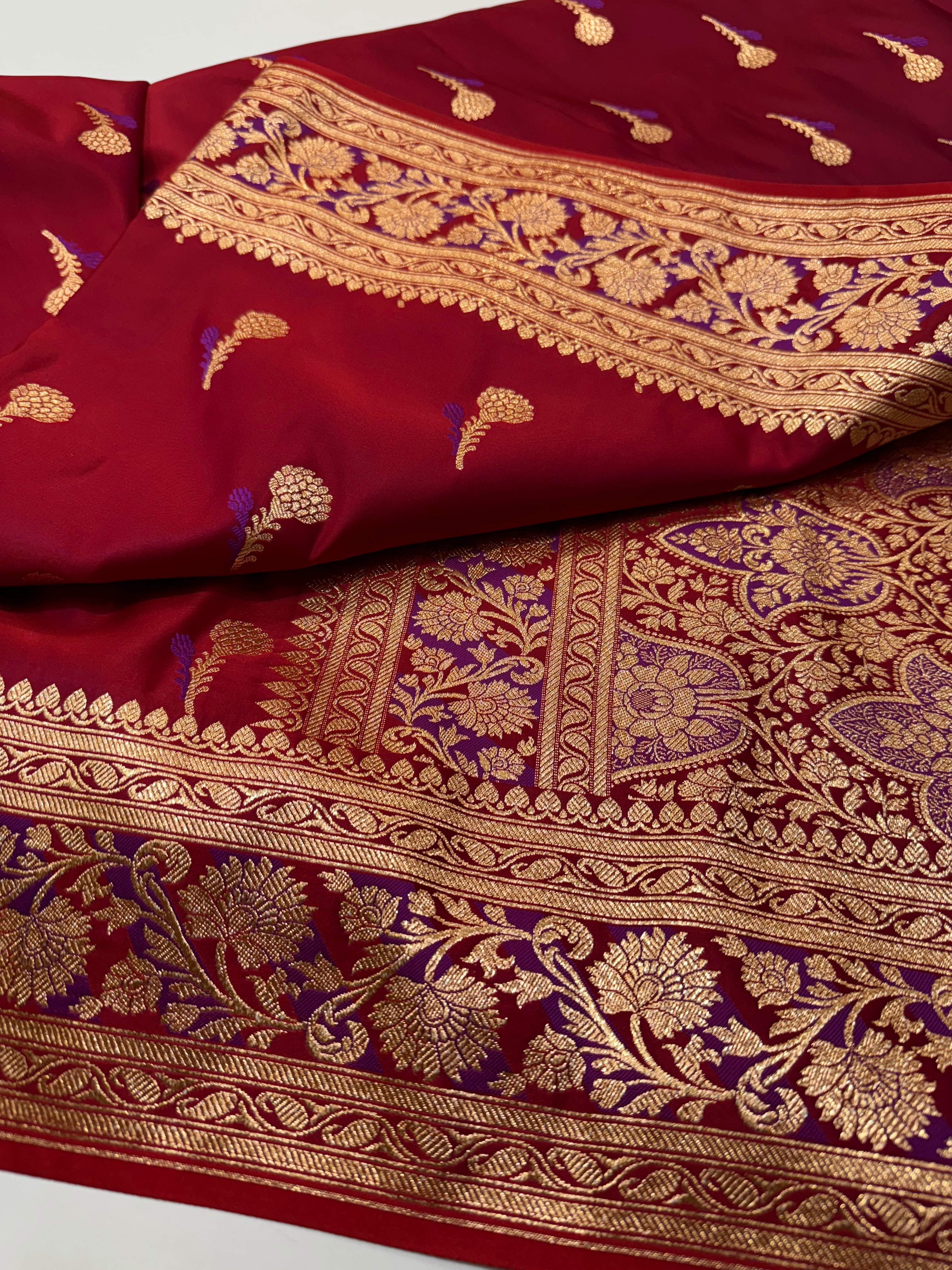 Electric Red Floral Boota Katan Silk Saree SK05