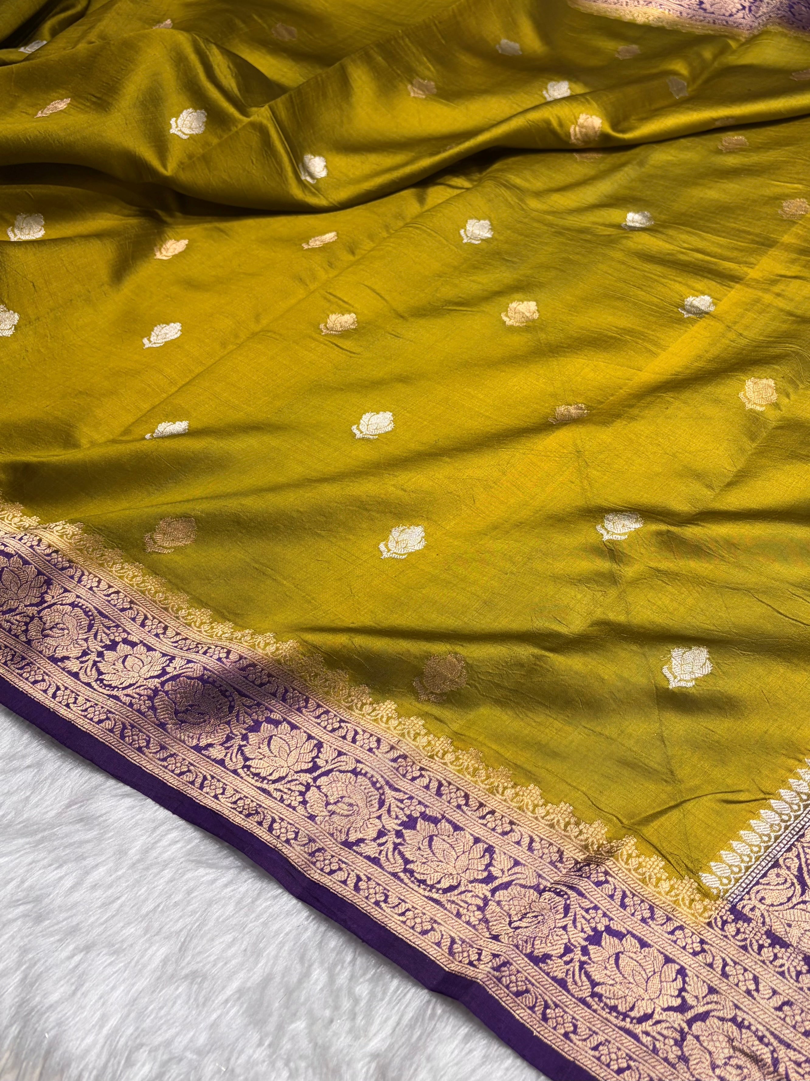 Contrast Mehendi With Purple Shades Boota Handwoven Pure Raw Mango Silk RM-07