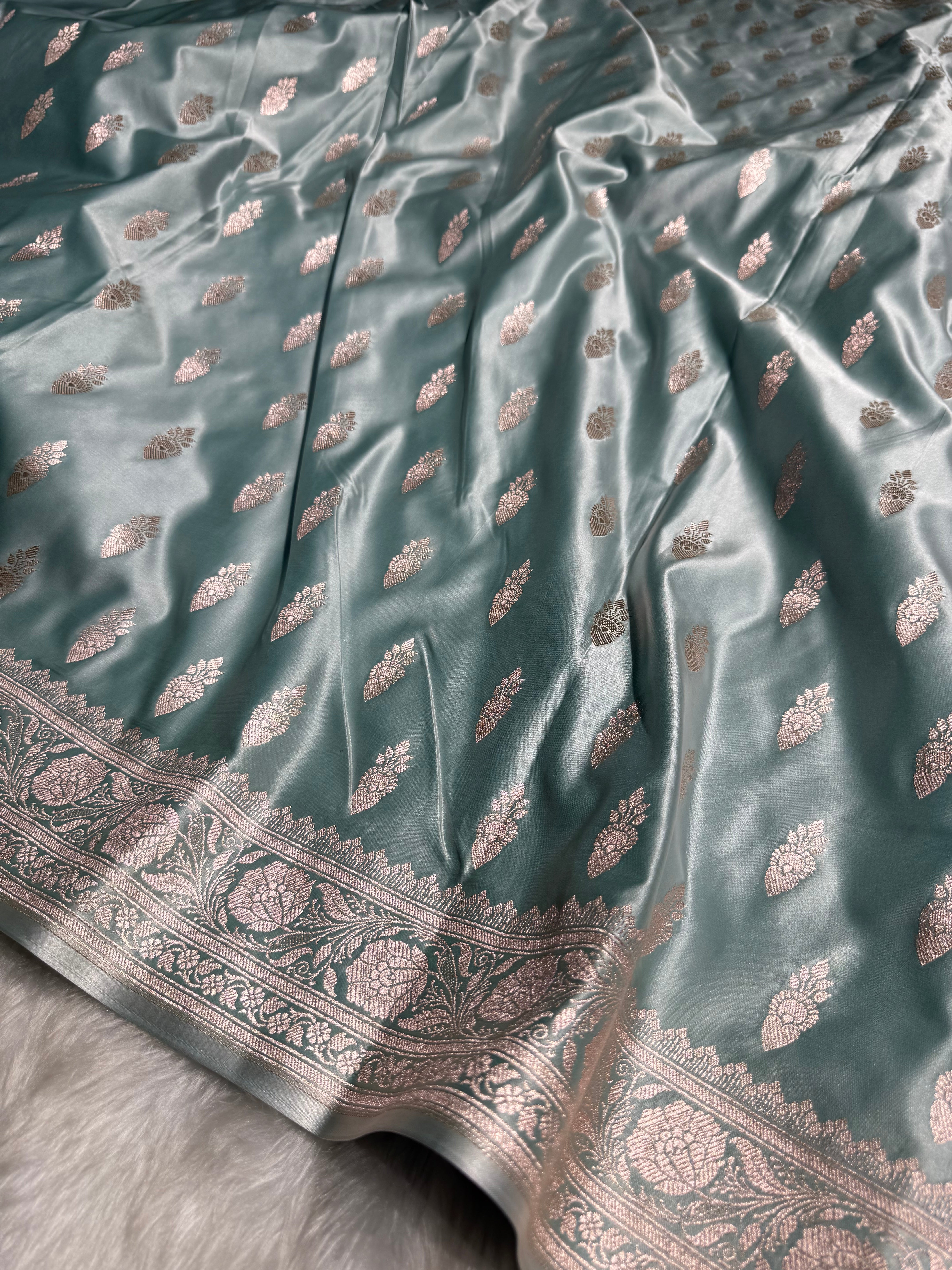 Dusty Sea Green Shades Plain Mashru Silk Saree