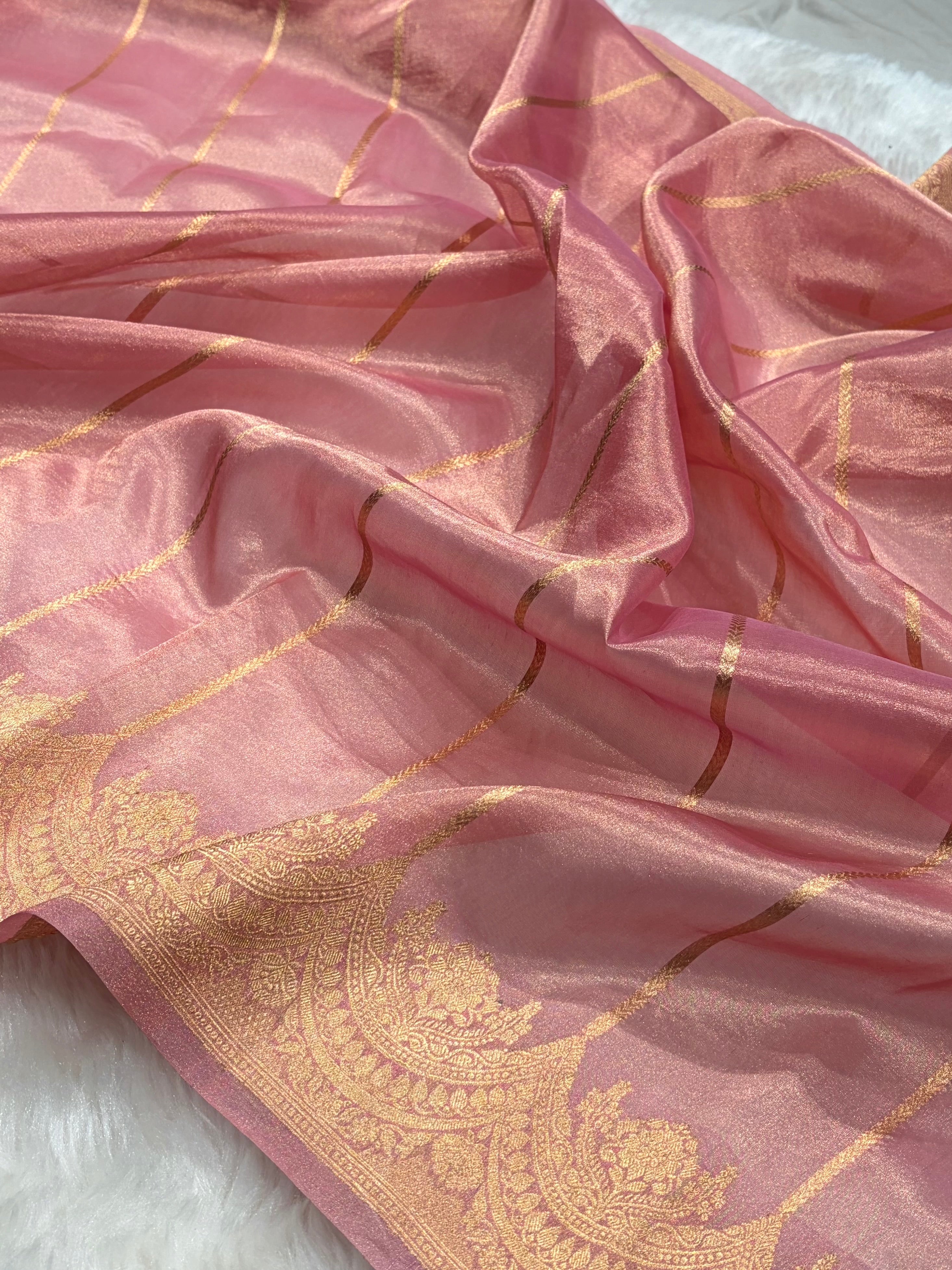 Baby Pink Bananasi Floral Shades Pure Tissue Silk Saree PT-48