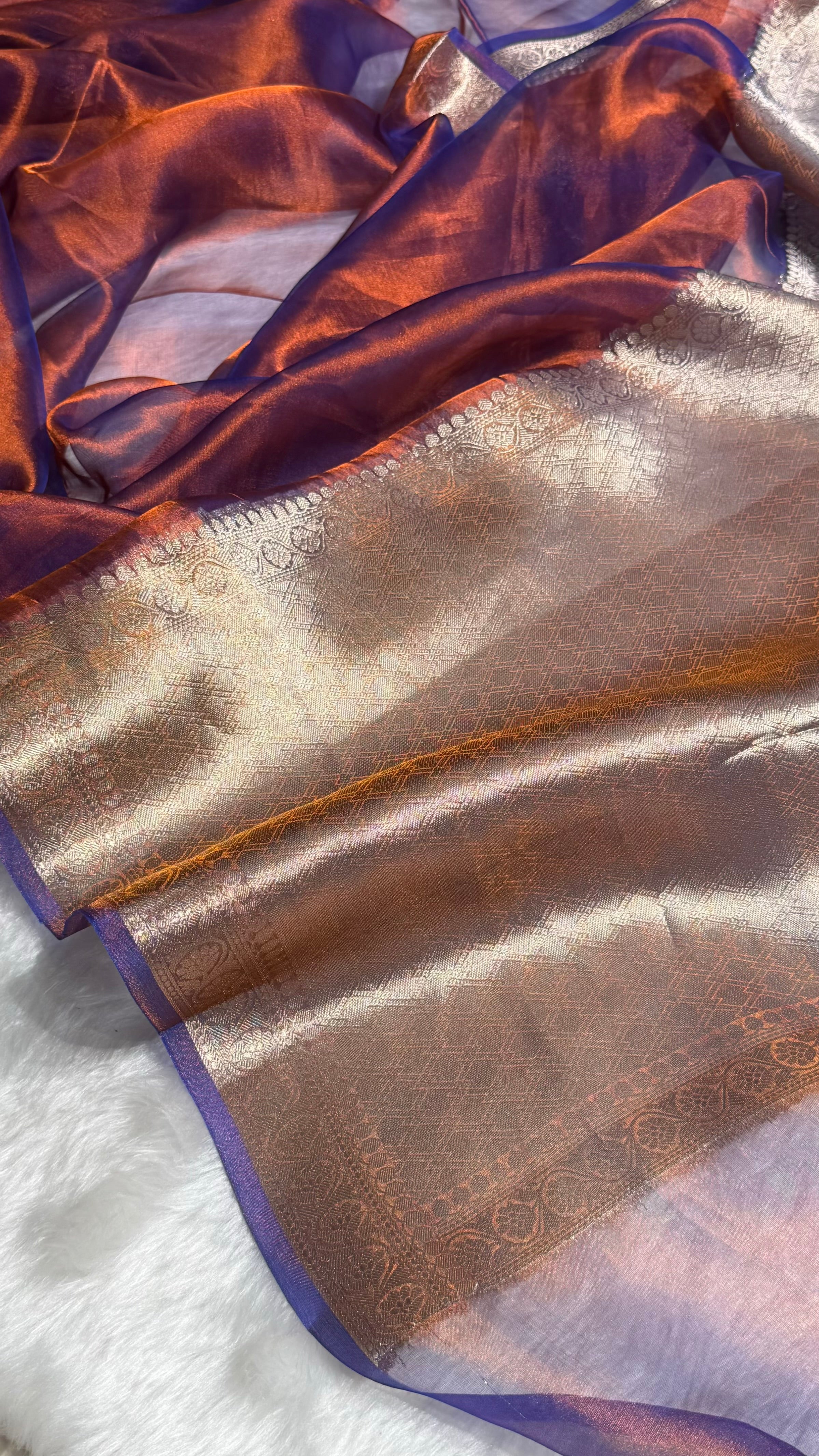 Rustic Royal Blue Shades Pure Tissue Silk Saree with Brocade Blouse PT-09
