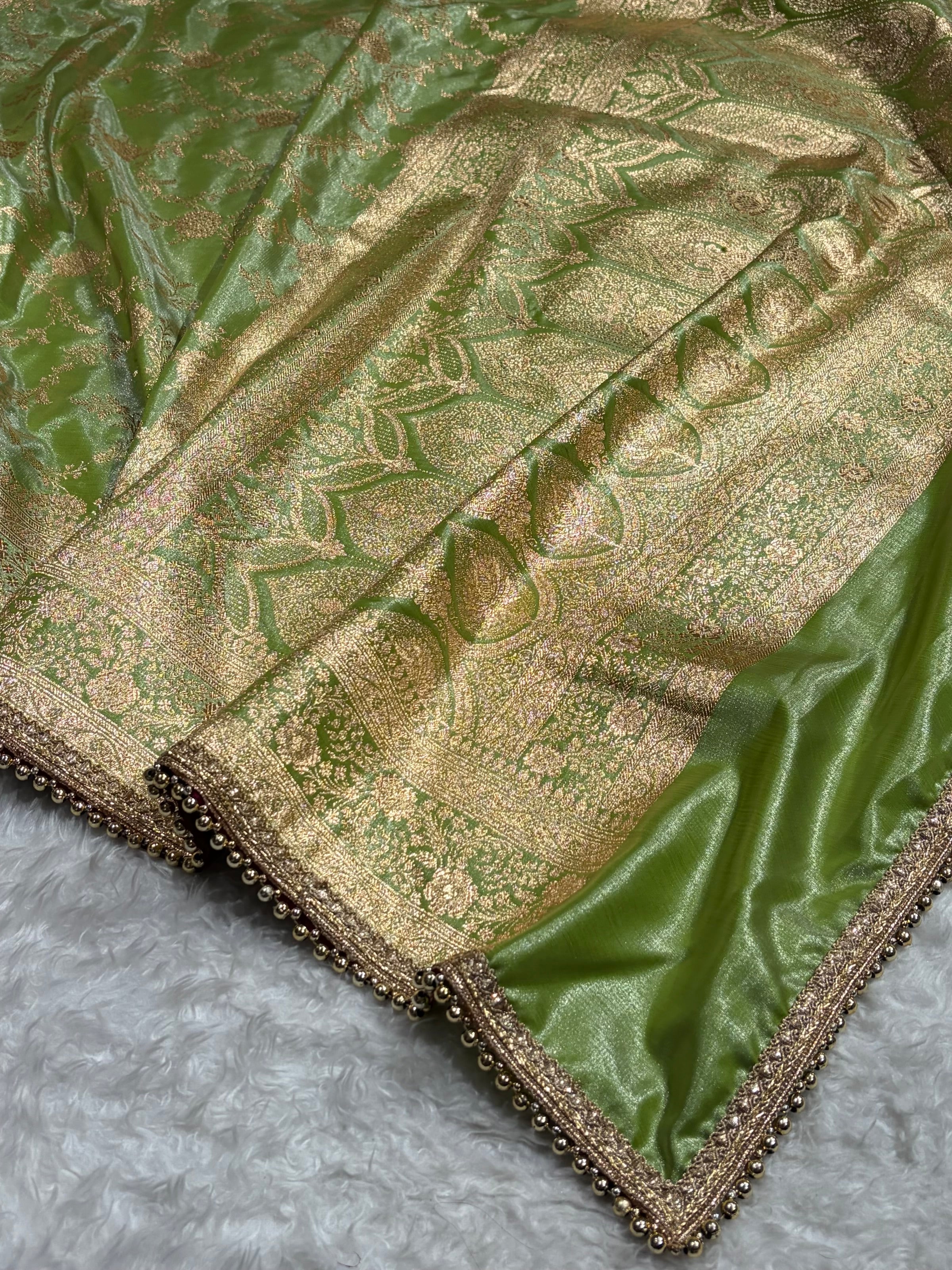 Satin Silk Jaal in Pista Shades With Gota Patti SSGP14