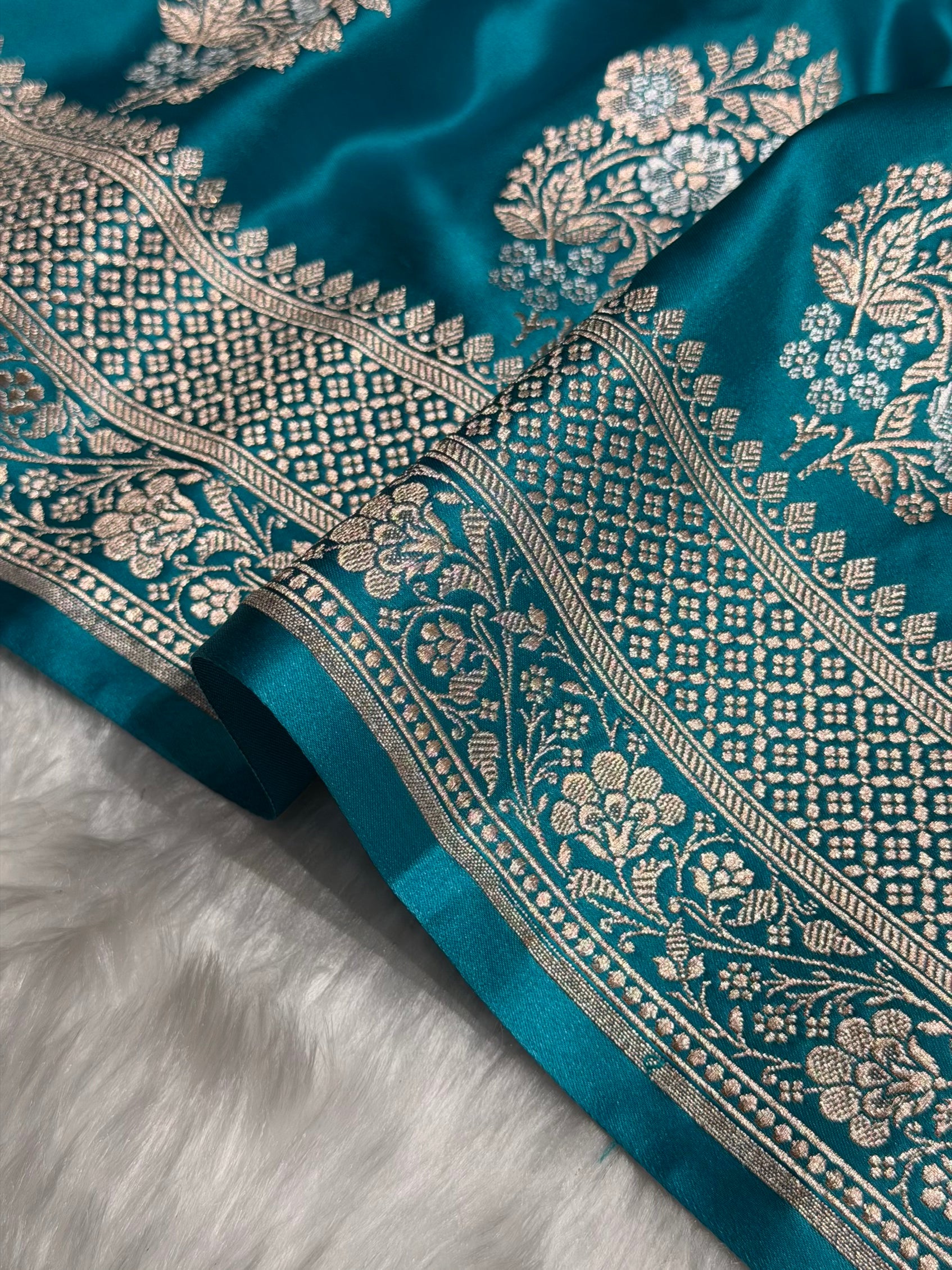 Premium Banarasi Satin Katan Saree With Minakari Boota in Rama Shades SK93