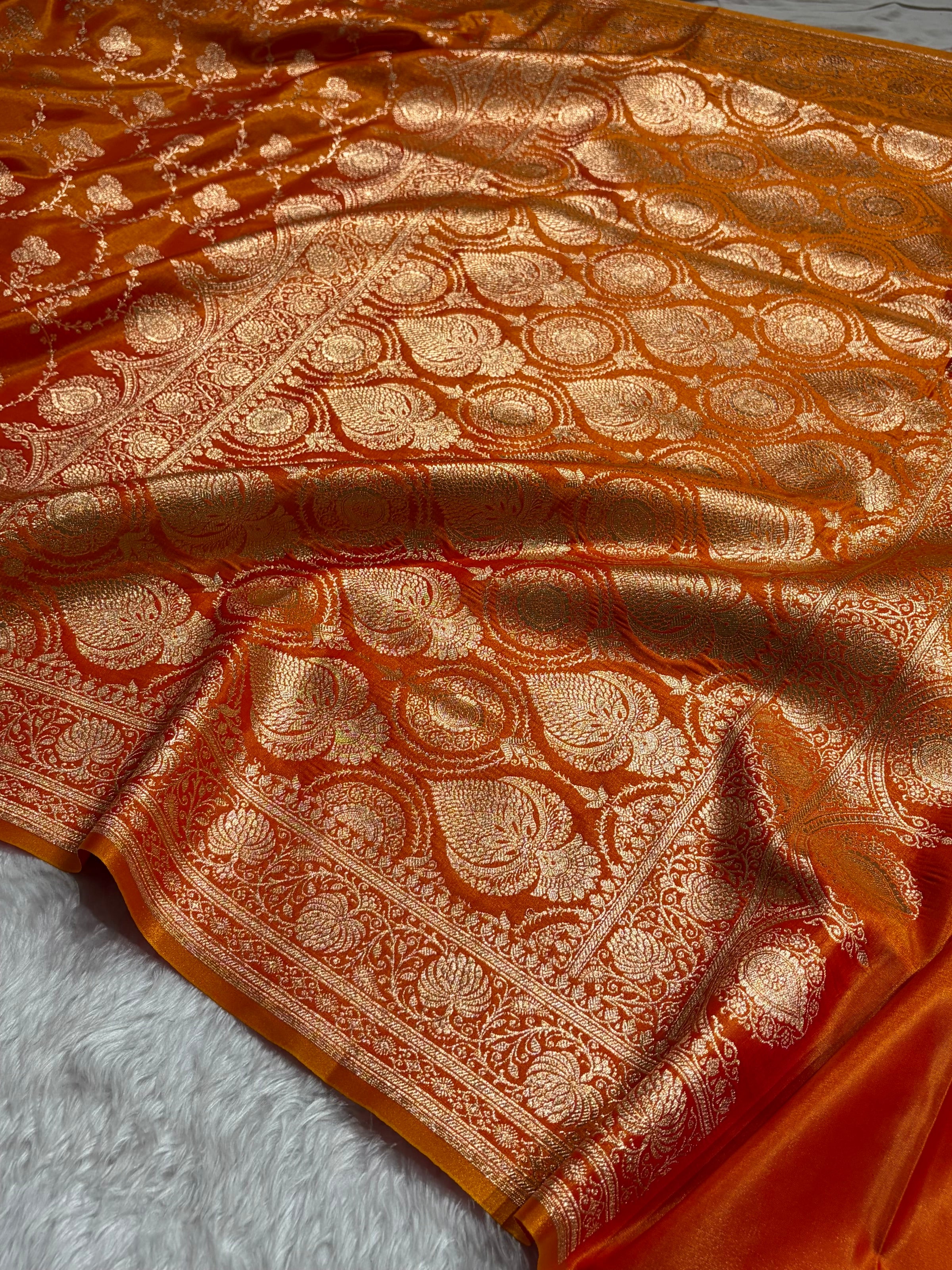 Banarasi Satin Silk Saree Jaal in Fire Gold Shades SS23