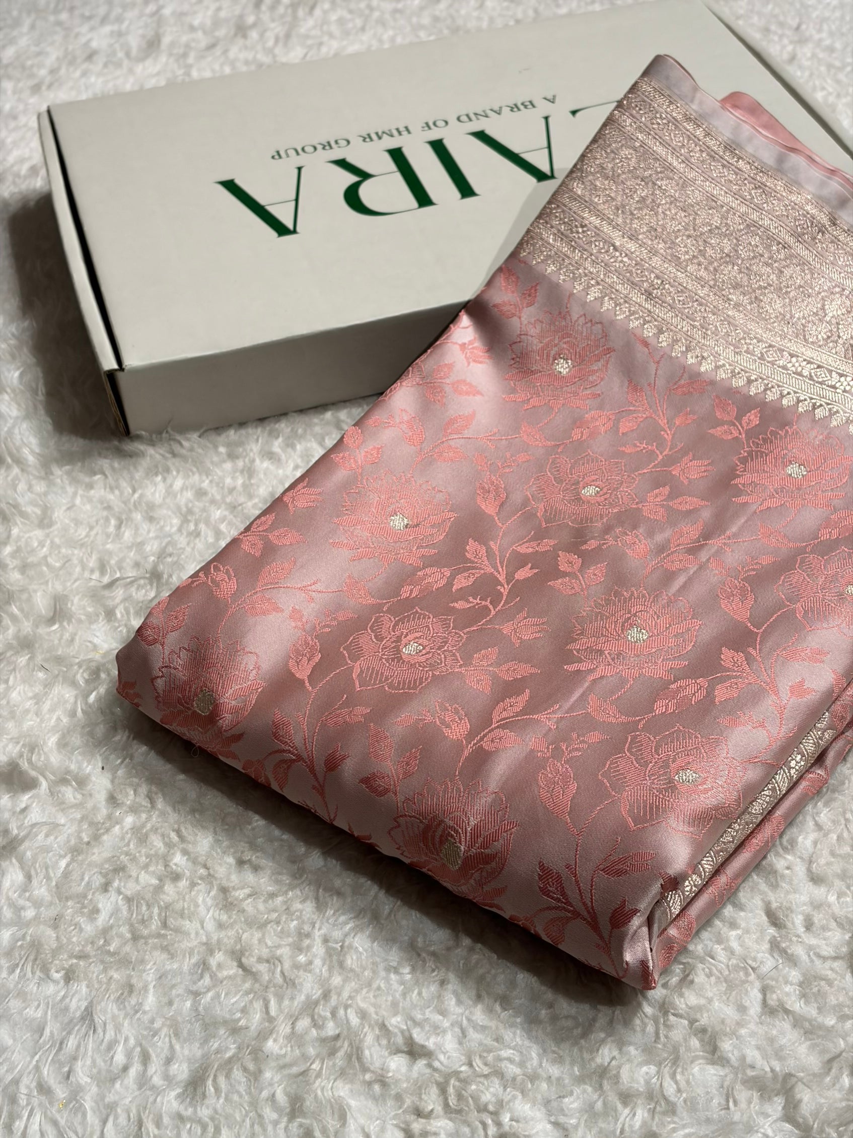 Banarasi Peach Floral Booti Mashru Silk Saree