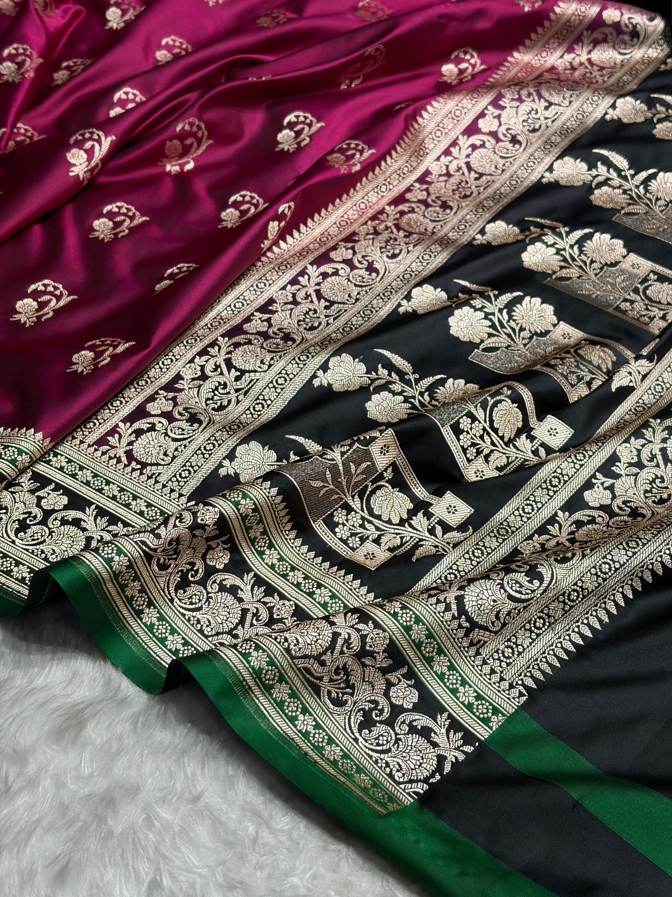 Banarasi Cross Wine With Contrast Black Floral Border Mashru Silk Saree MSM-100
