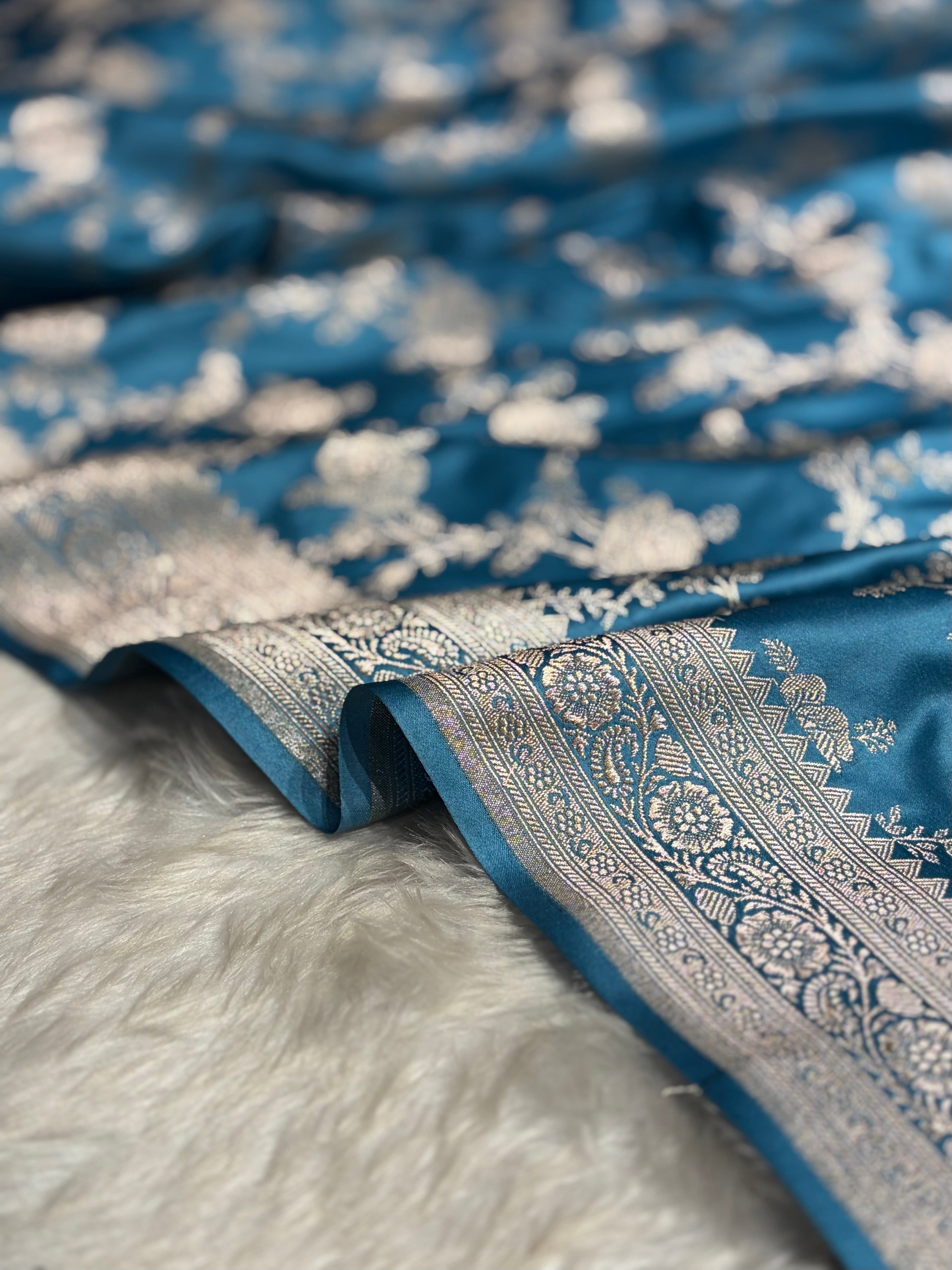 Sky Blue Floral Jaal Mashru Silk Saree MS28