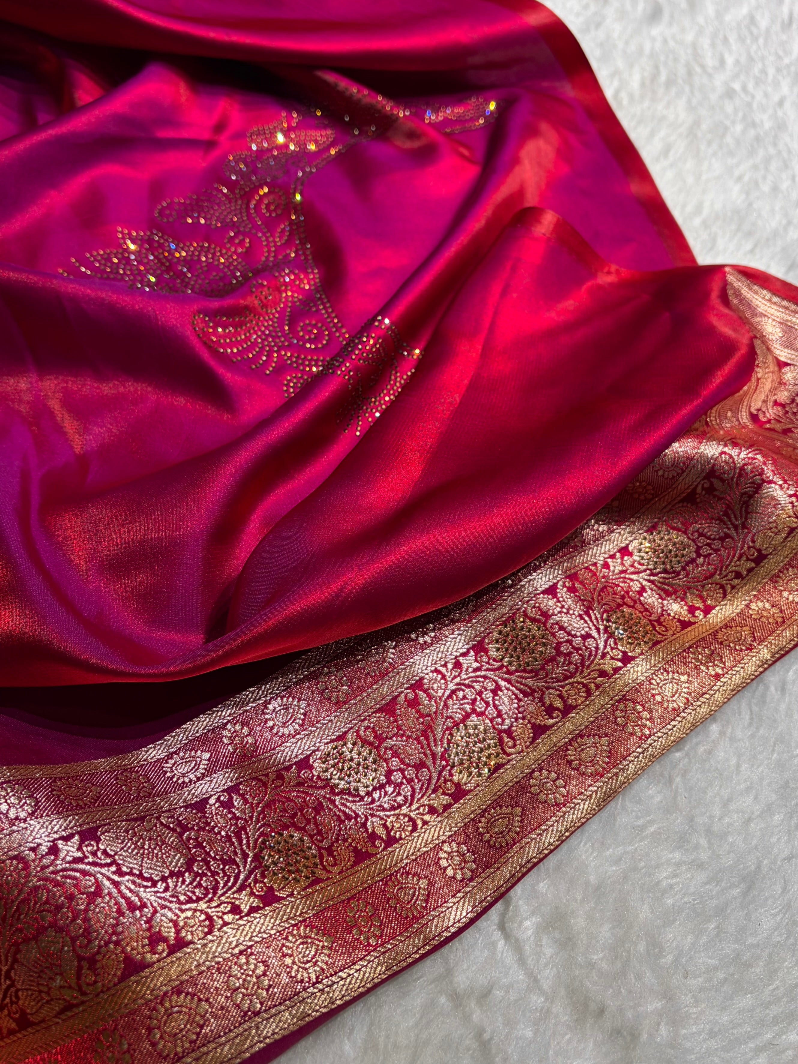 Satin Silk Saree Tredition Banarasi Swarovski Work Floral Boota in Reddish Purple Shades BSS27