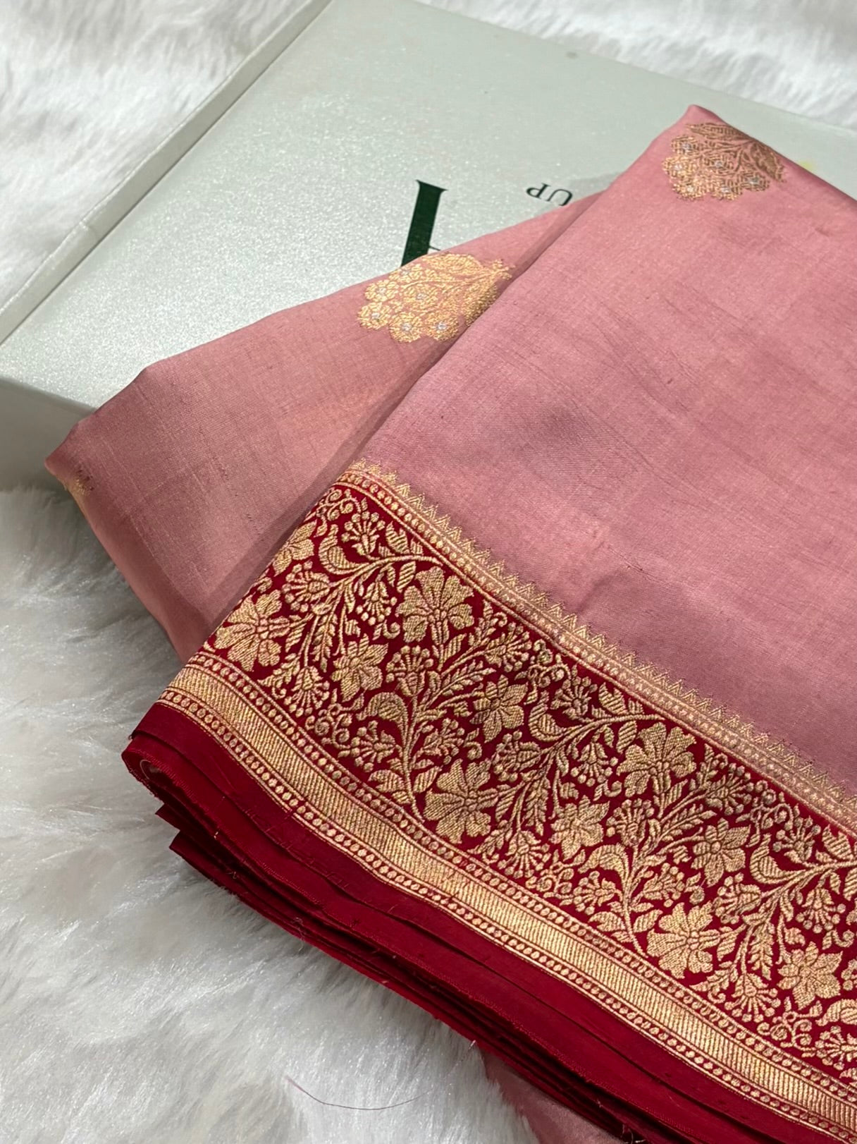 Banarasi Baby Pink With Maroon Contrast Shades Meenakari Boots Handwoven Pure Paper Silk Saree RM-90