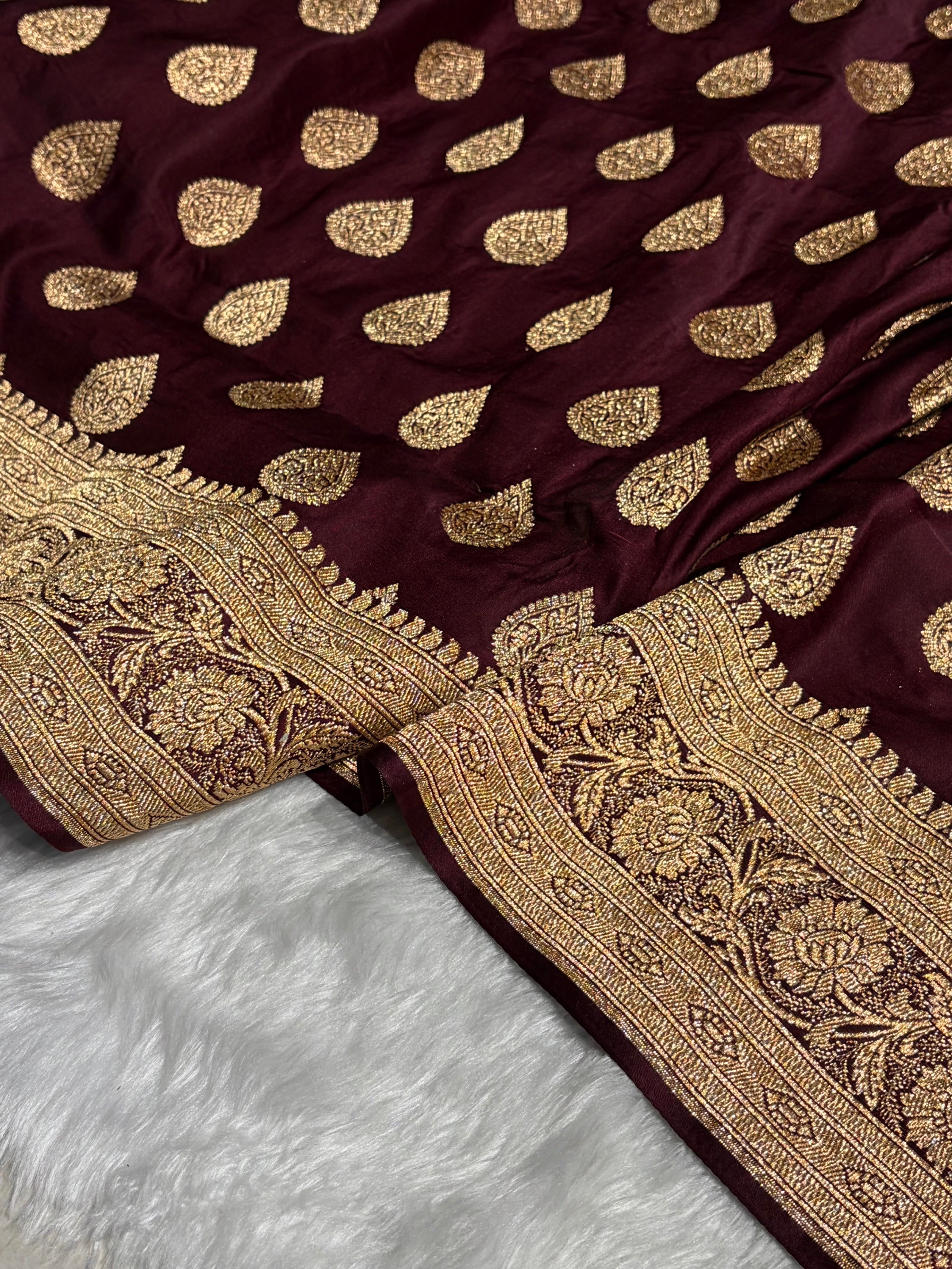 Dark Chocolate Katan Silk Saree In Boota Floral Motif