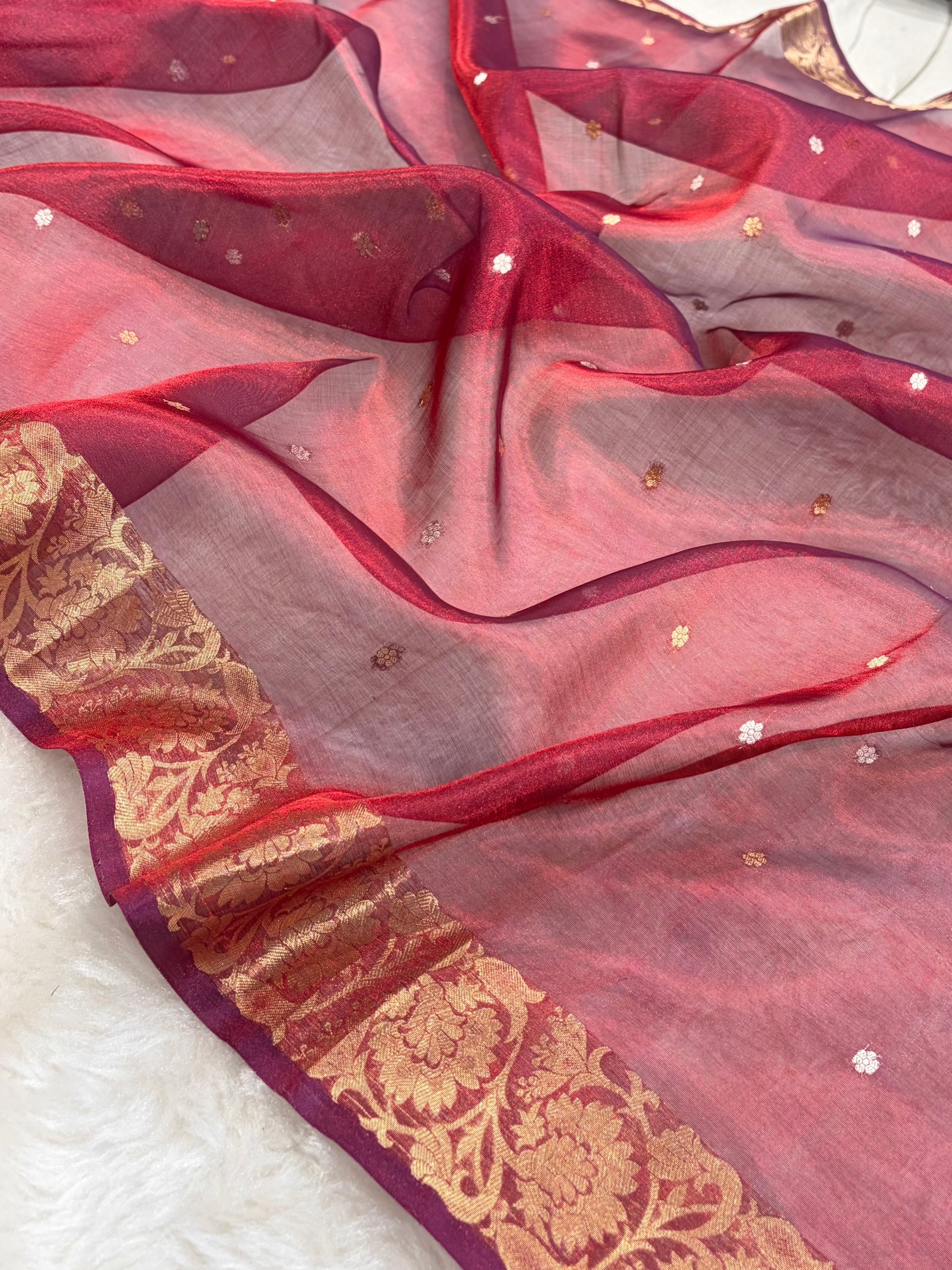 Maroon Bananasi Floral Shades Pure Tissue Silk Saree PT-42