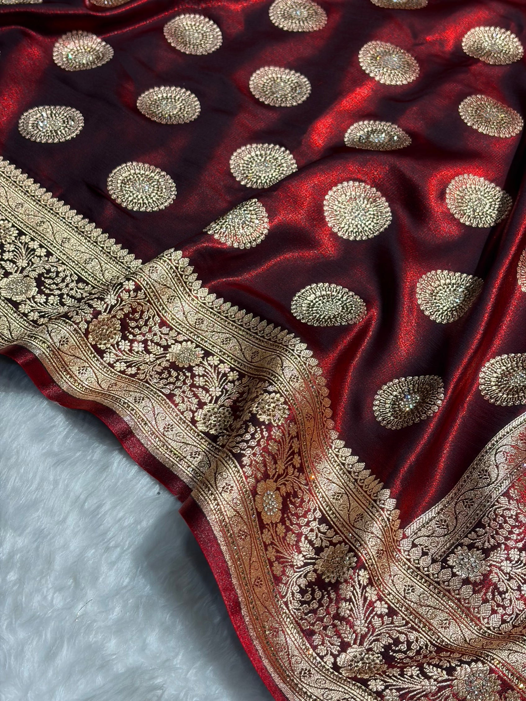Maroon Shades Banarasi With Swarovski Stone Work Satin Silk Saree BSS33