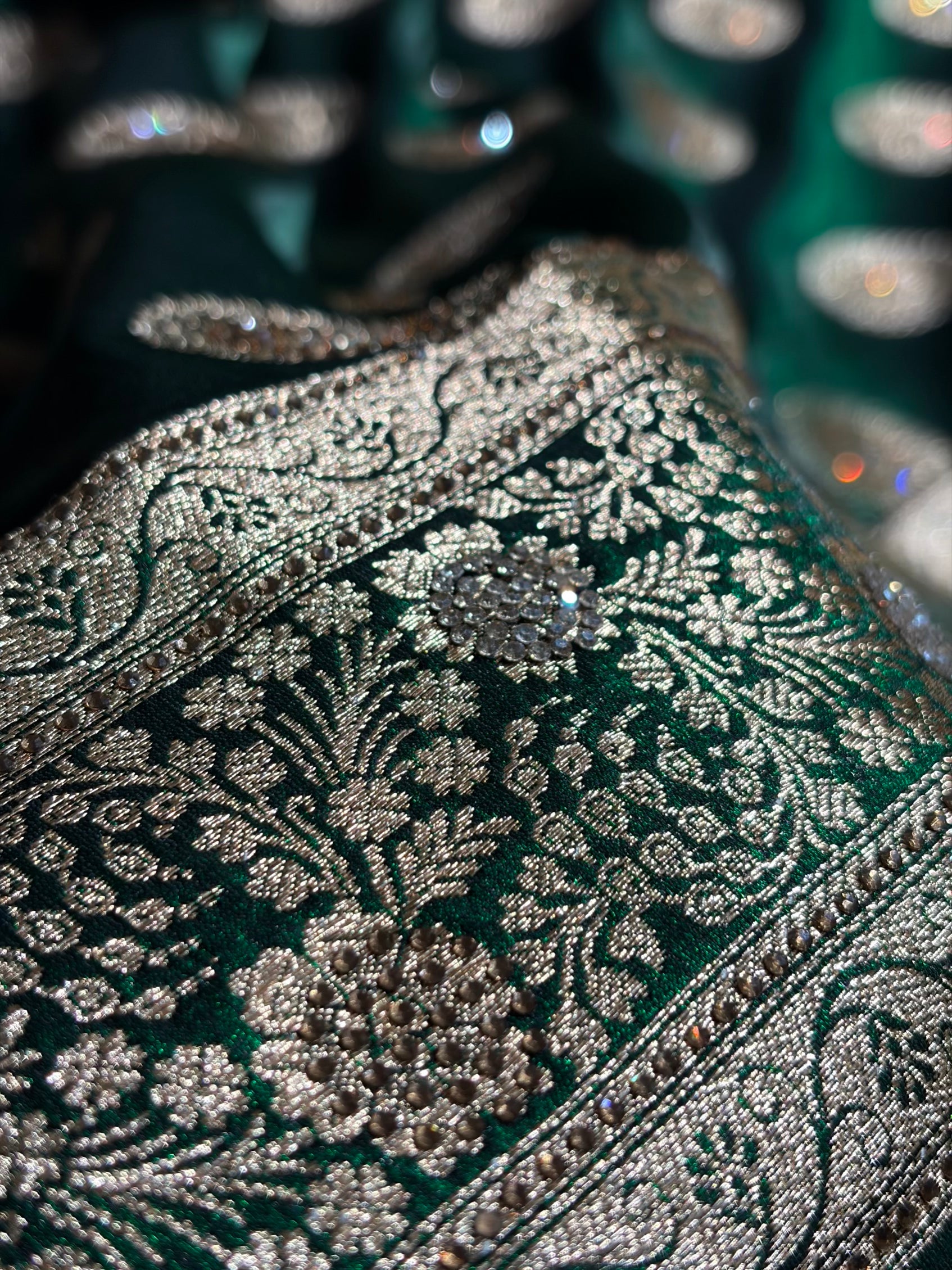Bottle Green Shades Banarasi With Swarovski Stone Work Satin Silk Saree BSS33