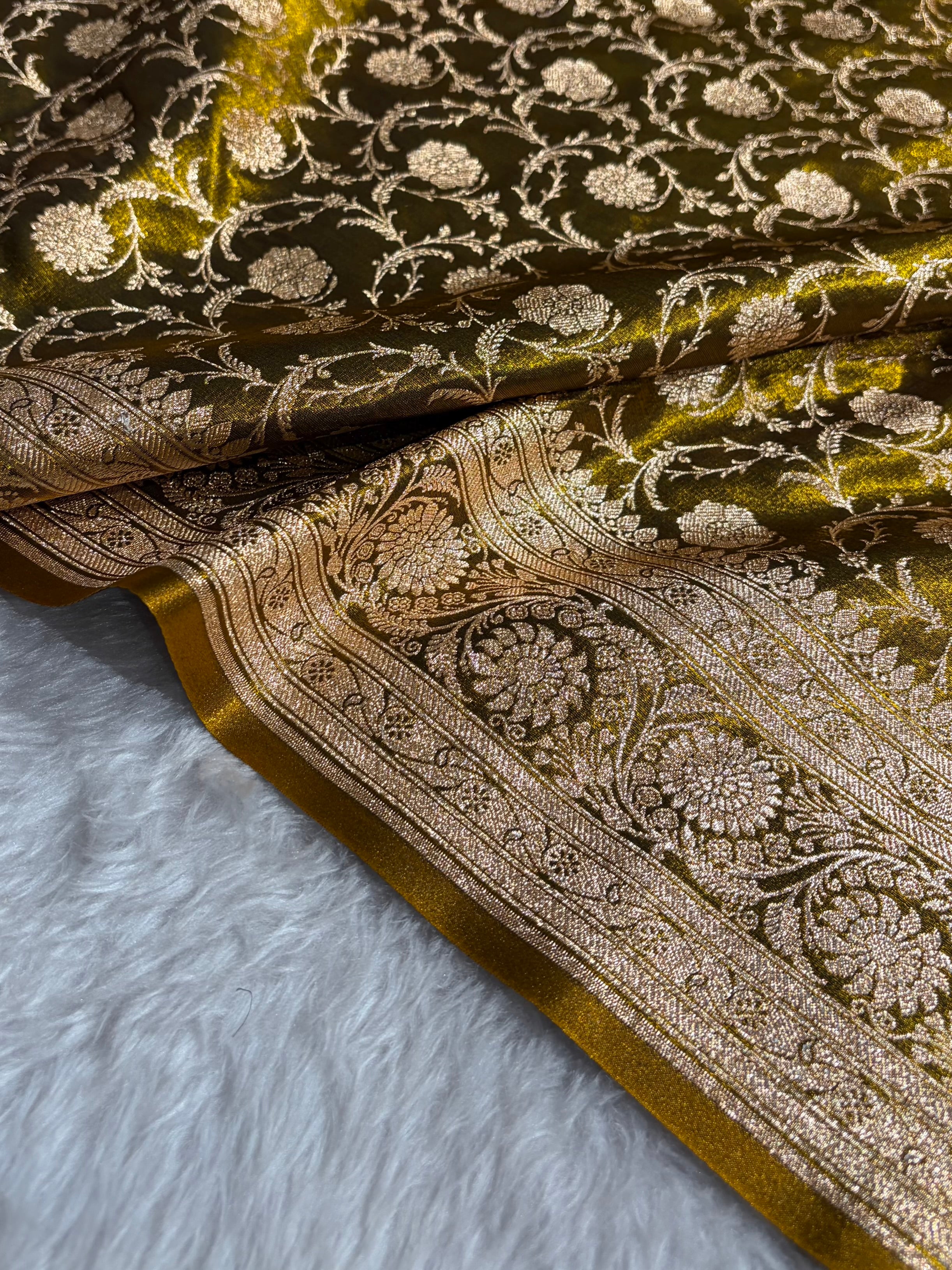 Ultra Light Weight Satin Silk Jaal in Mehendi Shades SS13