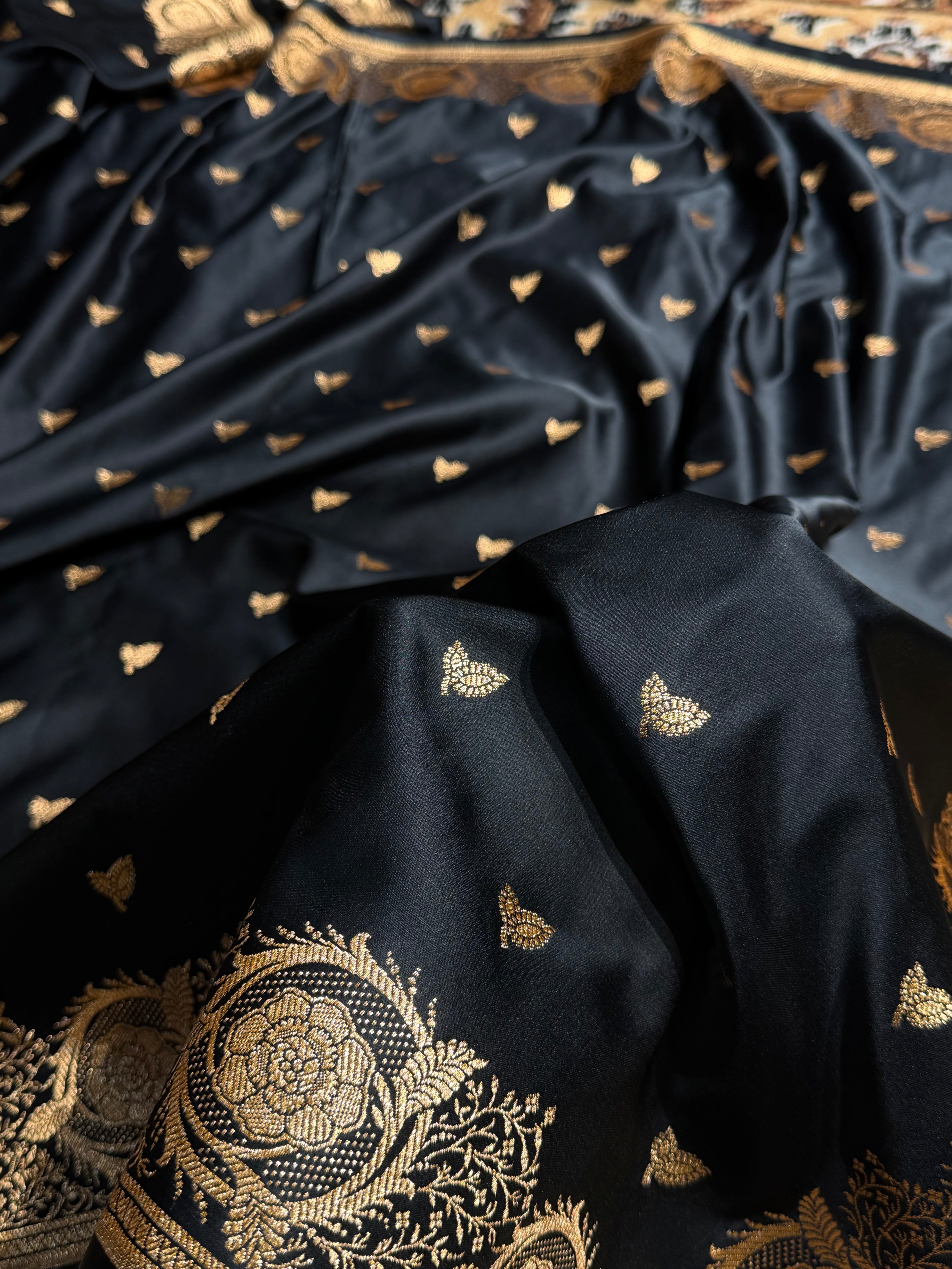 Banarasi Satin Katan Saree With Minakari Boota in Black Shades SK95