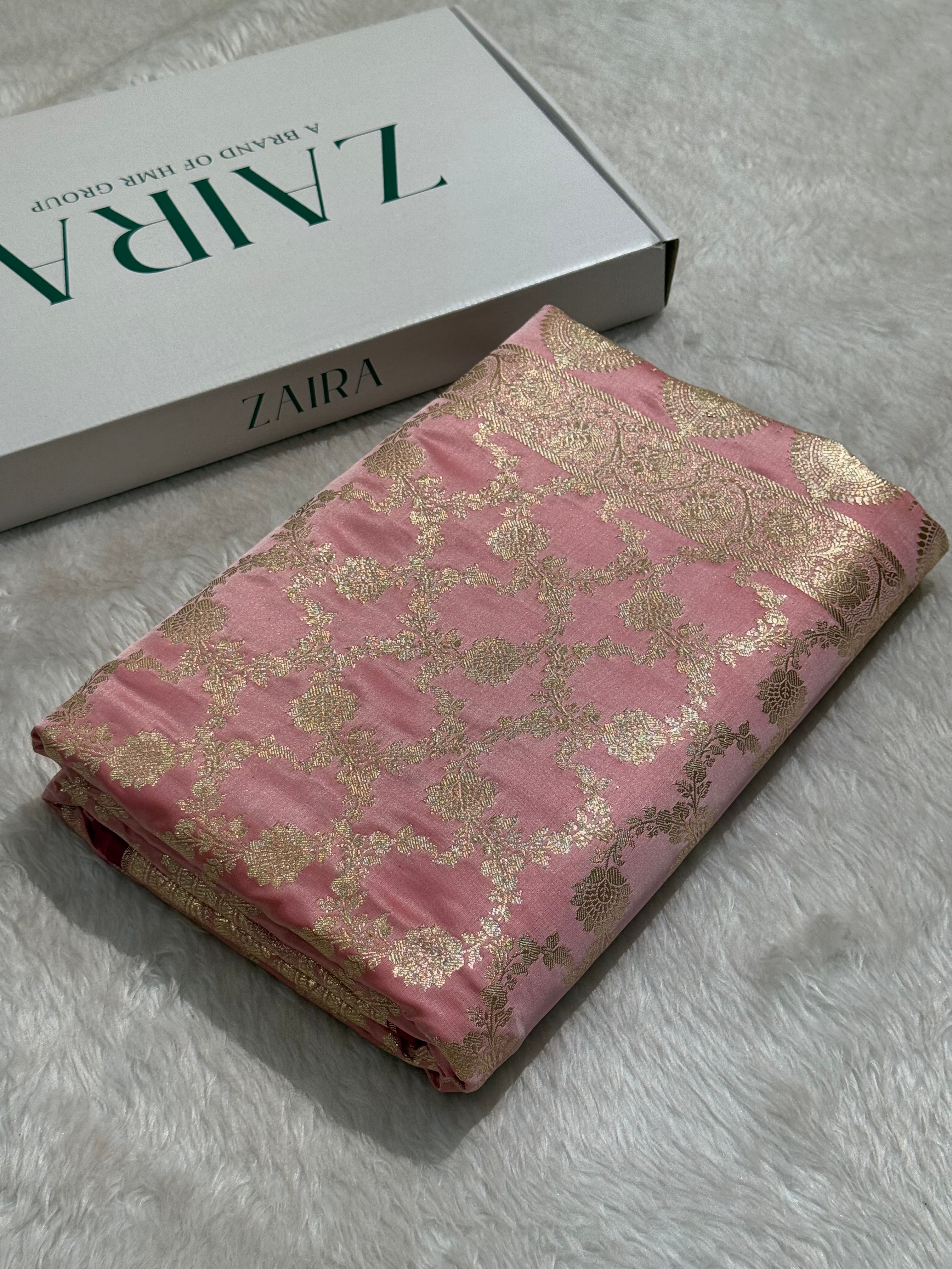 Pastel Baby Pink Jaal Katan Silk saree SK25