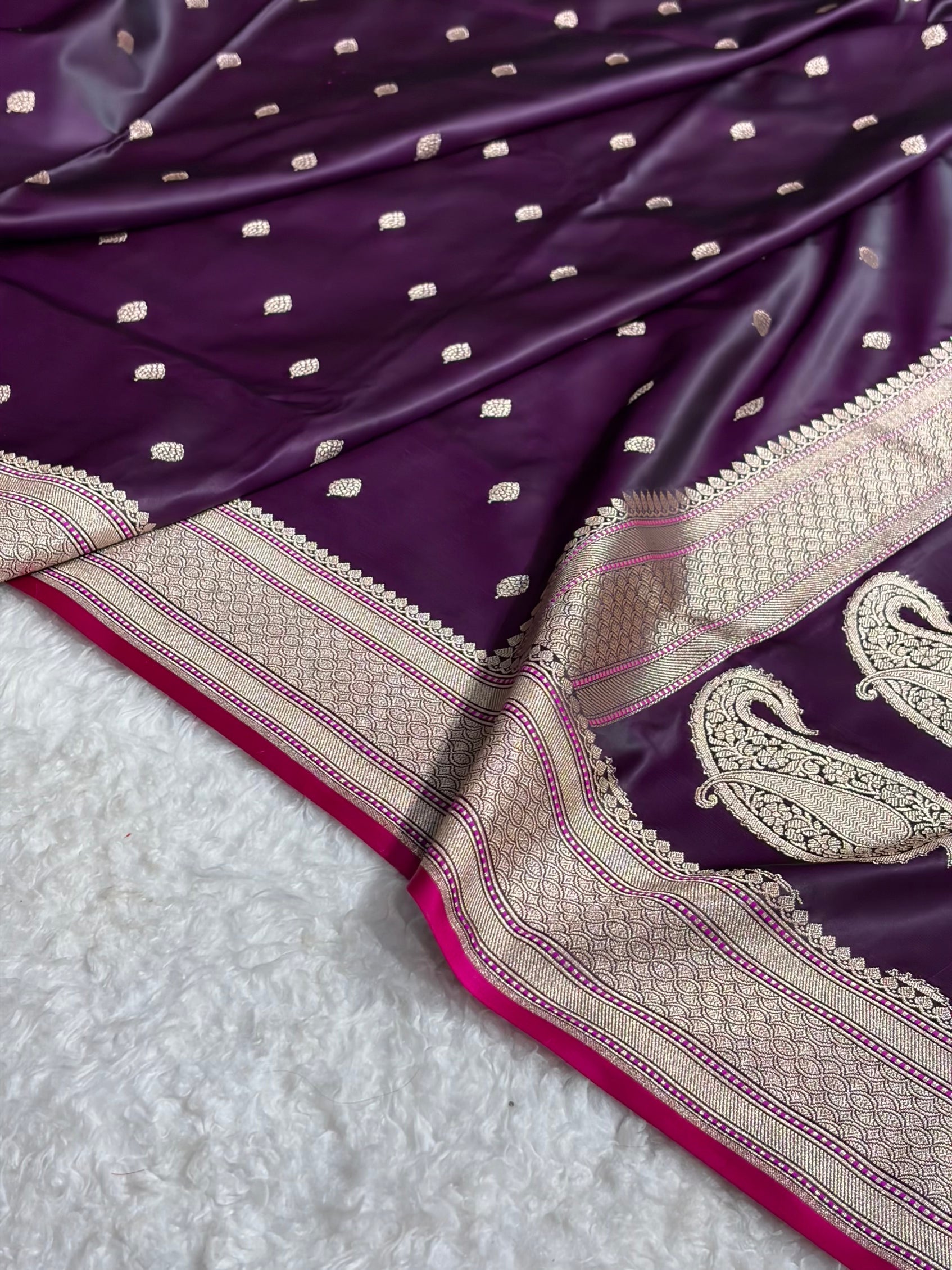 Banarasi Wine Boota With Floral Border Mashru Silk Saree